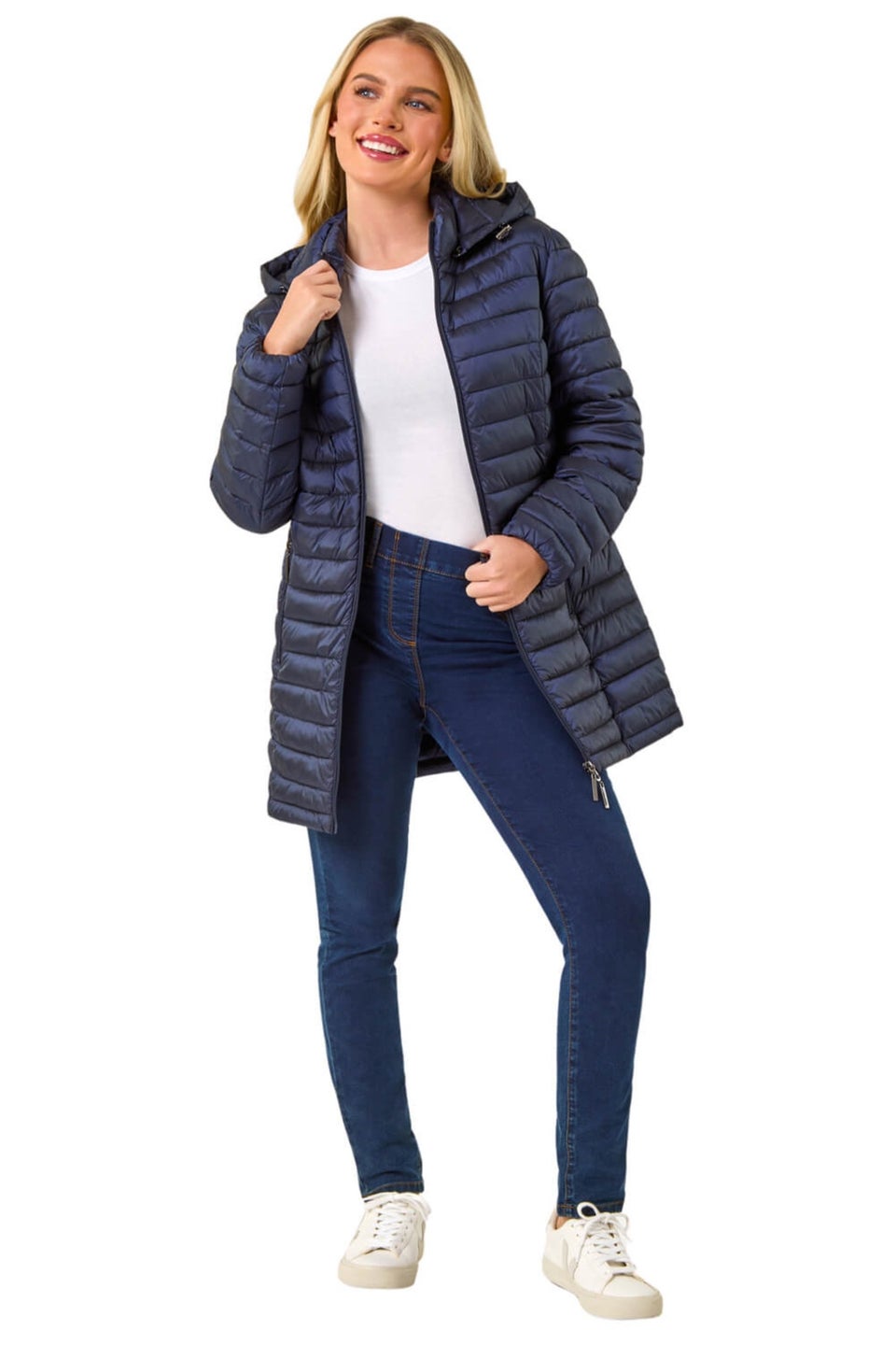 Roman Navy Petite Metallic Finish Quilted Puffer Coat