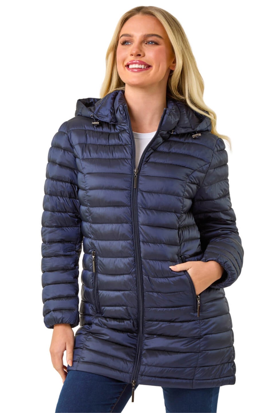 Roman Navy Petite Metallic Finish Quilted Puffer Coat
