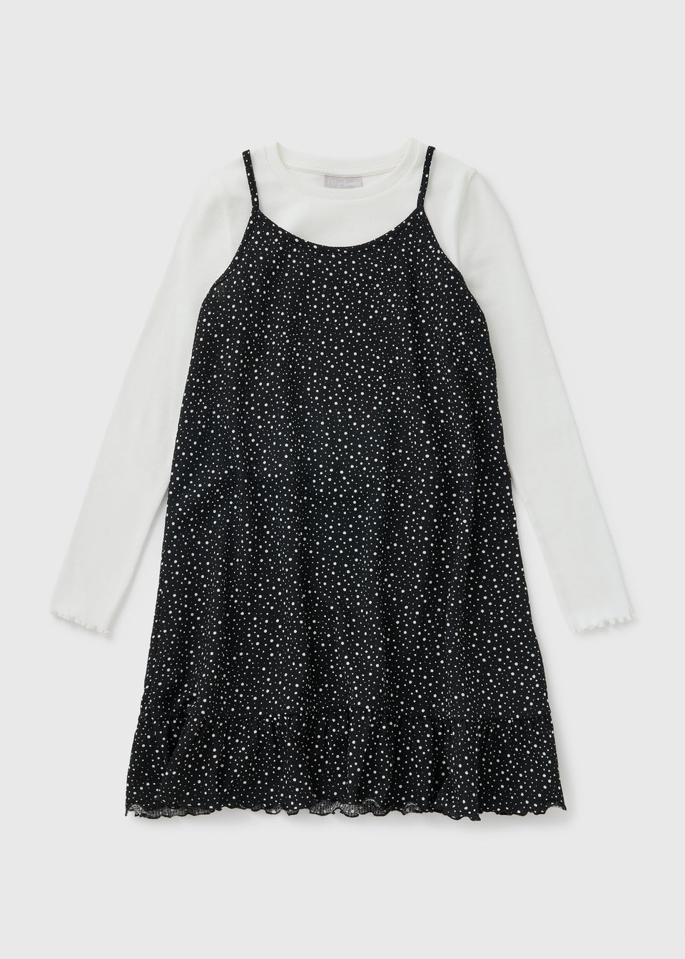Girls Black Polka Dot Crinkle 2 In 1 Dress (7-15yrs)