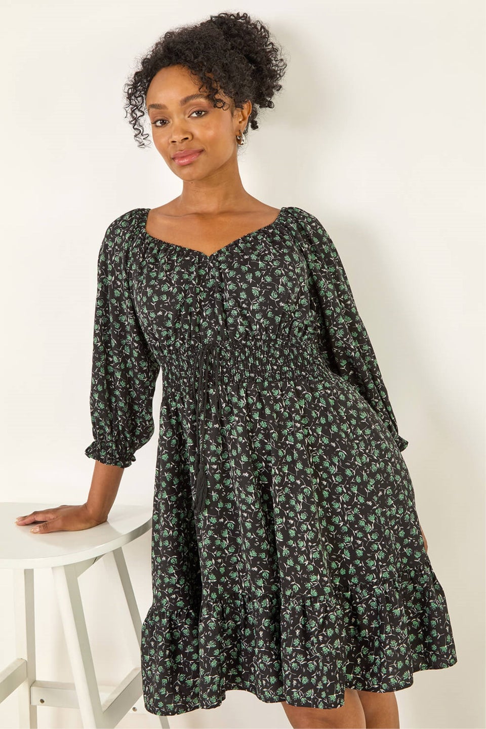Roman Black Petite Floral Frill Dress