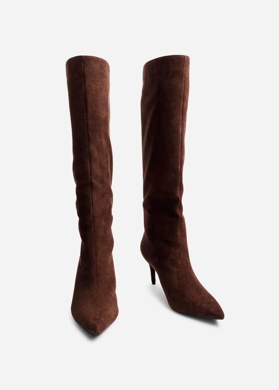 Linzi Onyx Brown Faux Suede Pointed Toe High Leg Heeled Boots