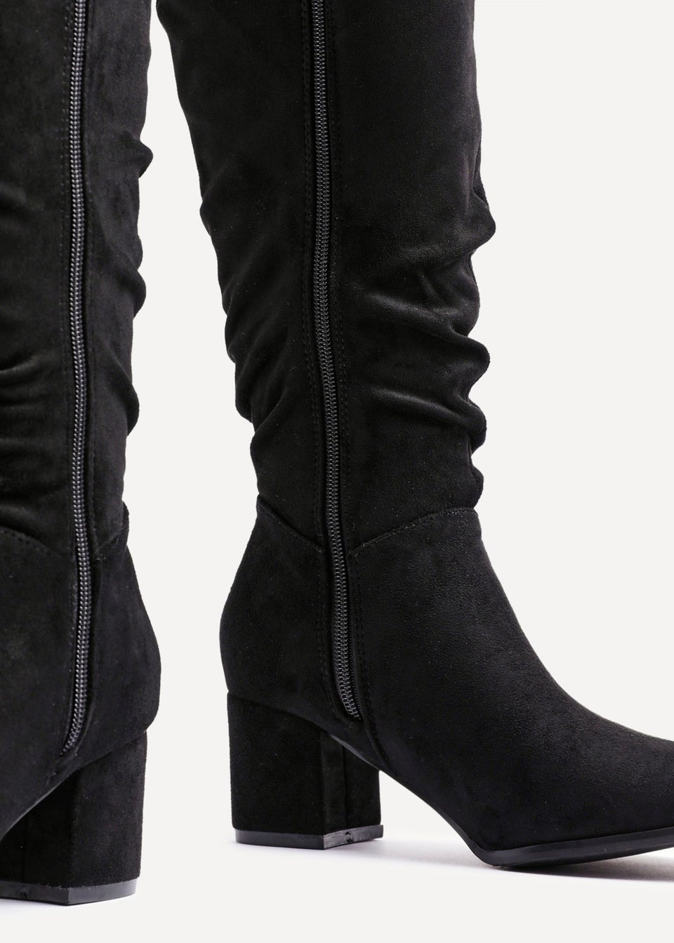 Linzi Margot Black Faux Suede Knee High Block Heeled Ruched Boot