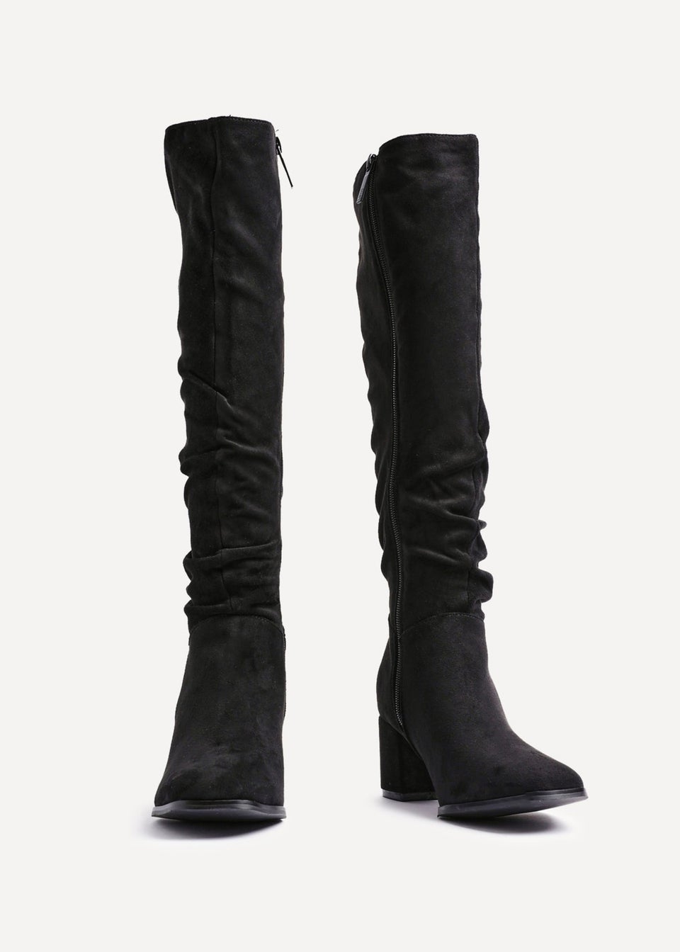Linzi Margot Black Faux Suede Knee High Block Heeled Ruched Boot