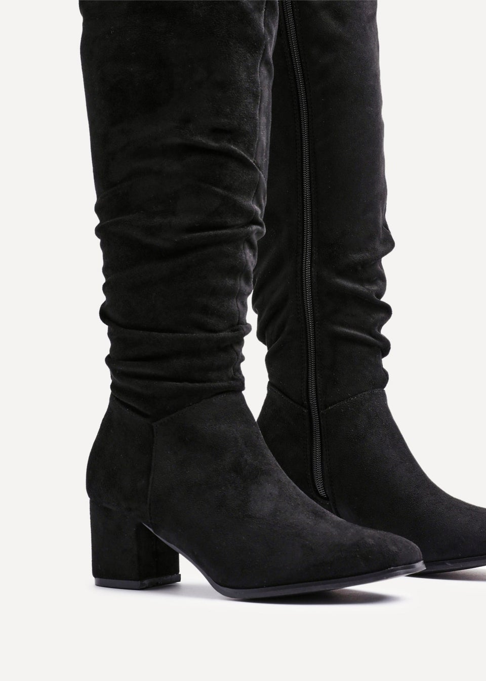 Linzi Margot Black Faux Suede Knee High Block Heeled Ruched Boot