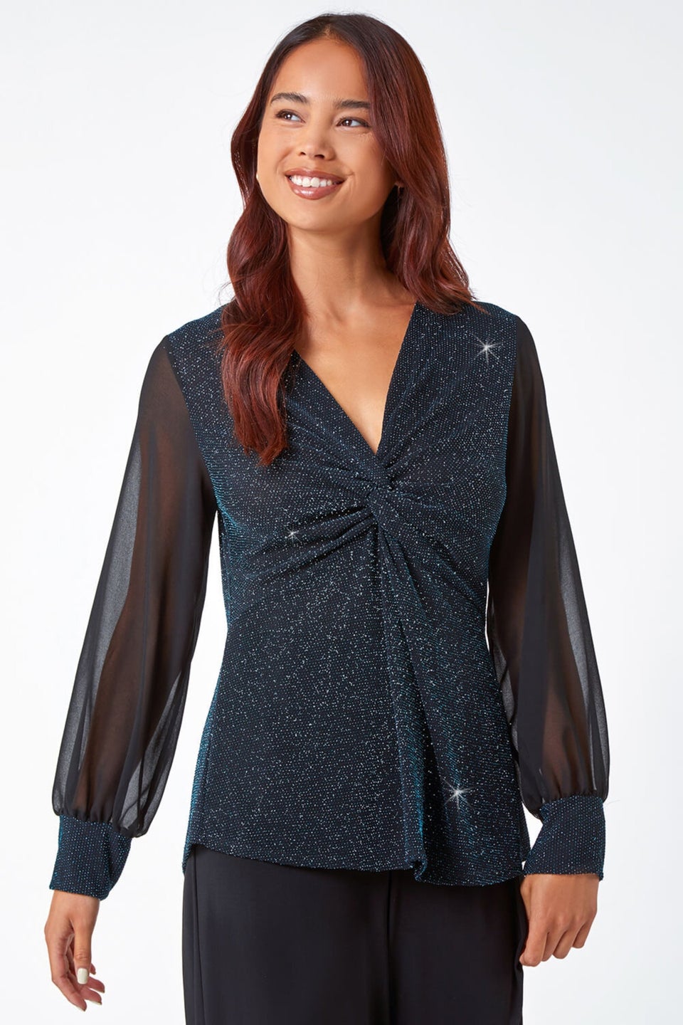 Roman Teal Petite Twist Front Chiffon Sleeve Stretch Top