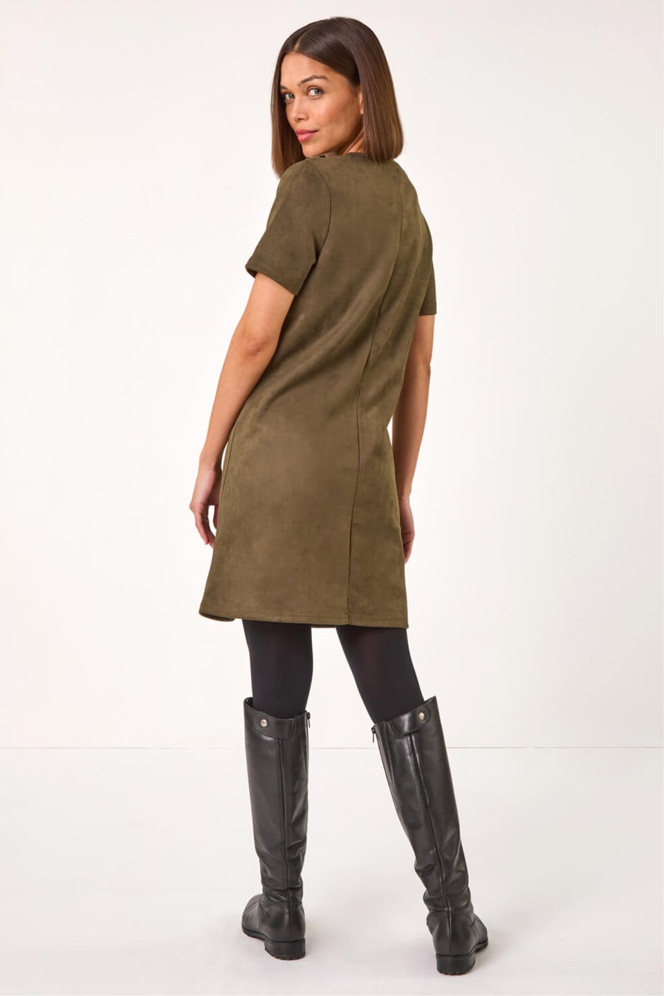 Roman Khaki Faux Suede Button Shift Stretch Dress