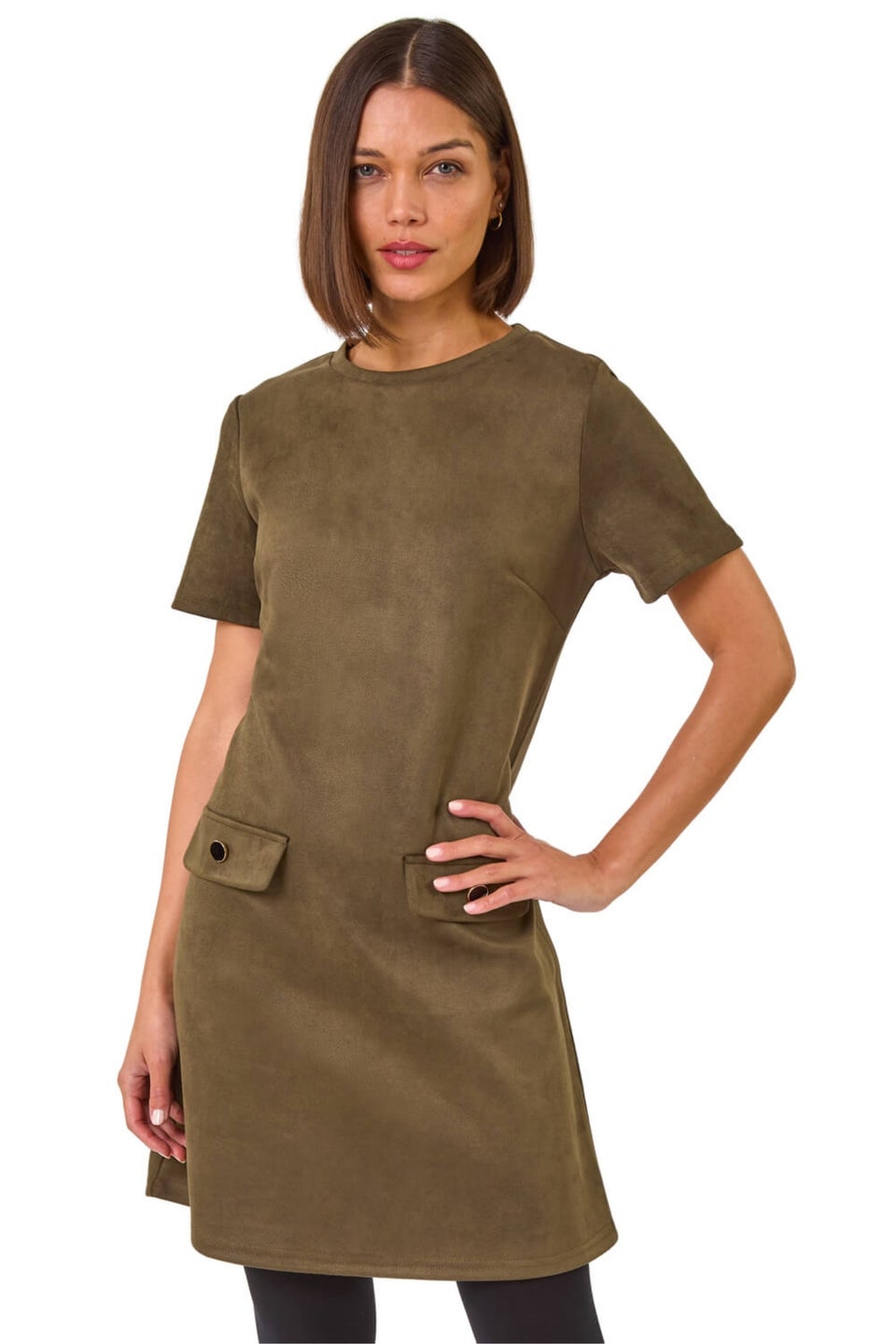 Roman Khaki Faux Suede Button Shift Stretch Dress