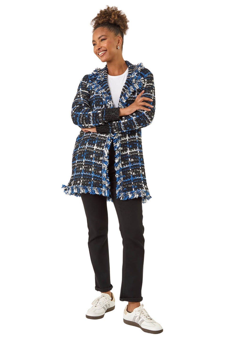 Roman Navy Check Fringe Knit Cardigan