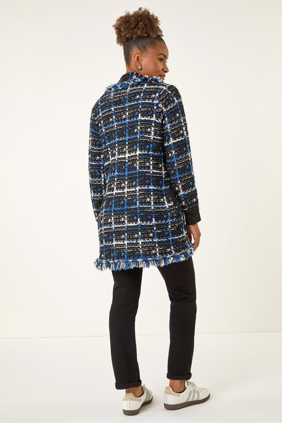 Roman Navy Check Fringe Knit Cardigan