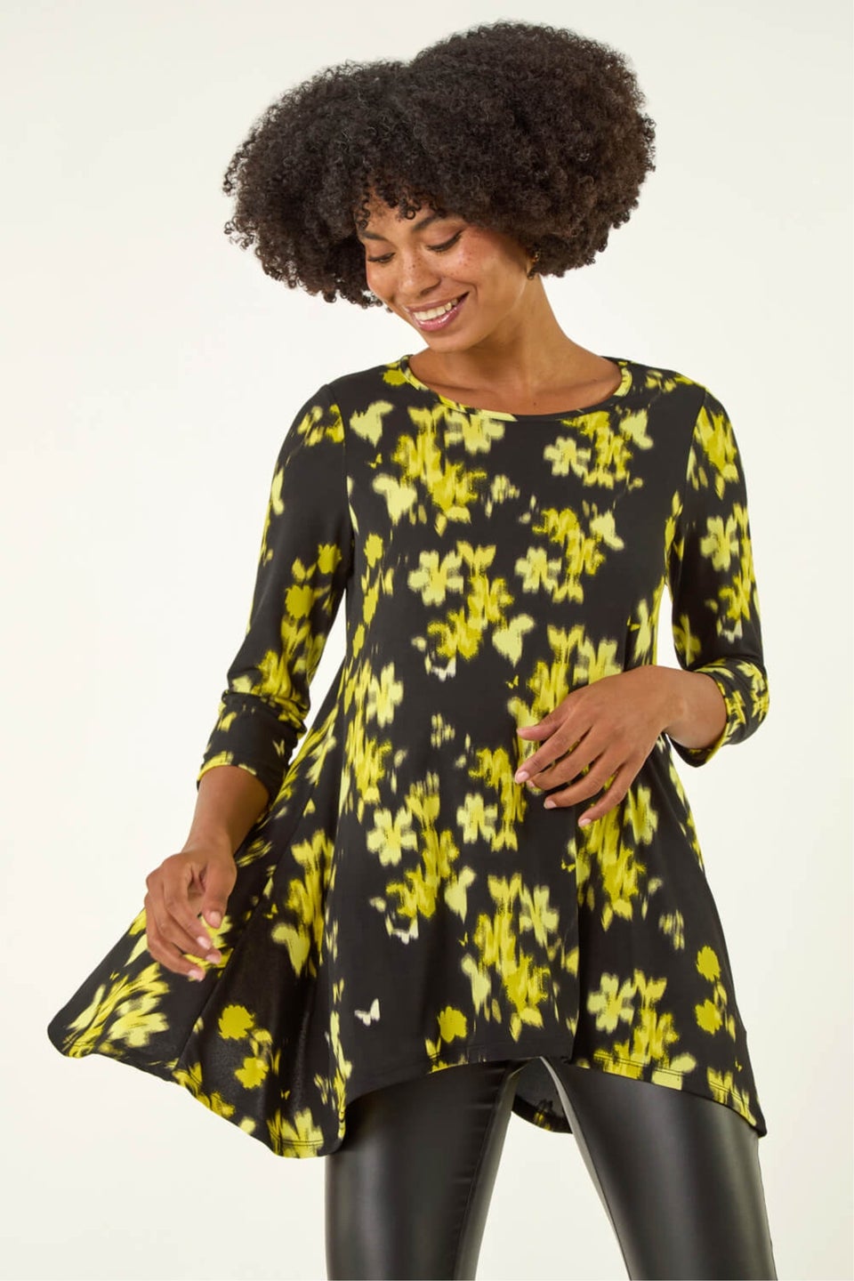 Roman Yellow Floral Print Hanky Hem Top