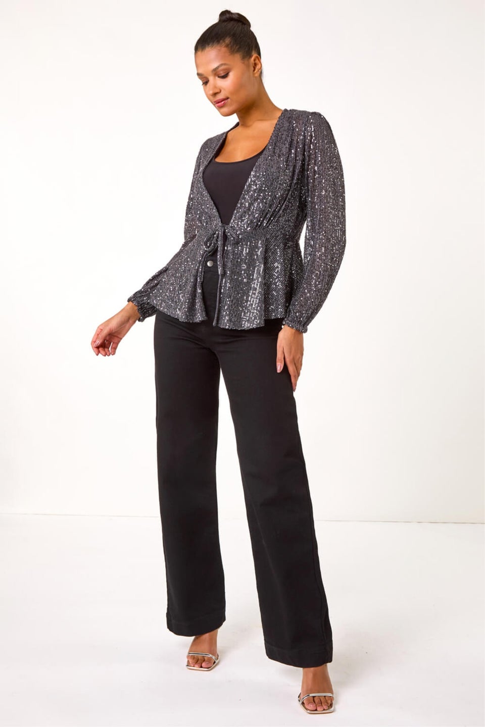 Roman Grey Sequin Tie Front Stretch Top