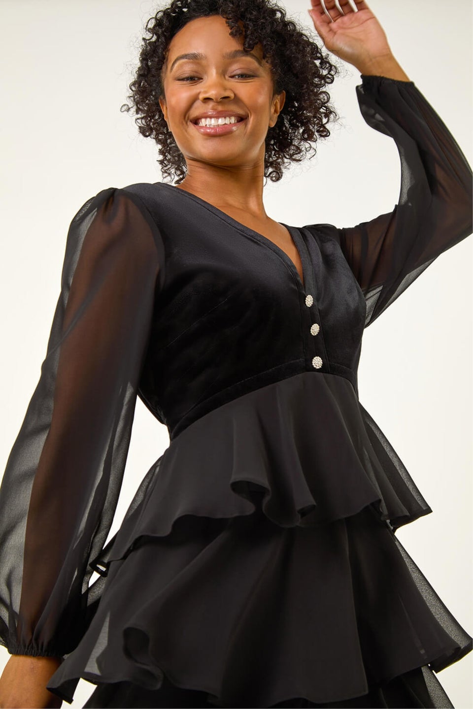 Roman Black Petite Velvet Tiered Midi Stretch Dress