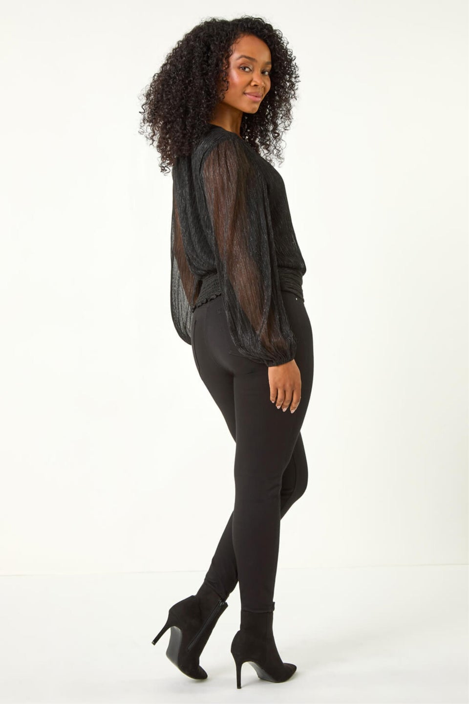 Roman Black Petite Crinkle Keyhole Shimmer Top