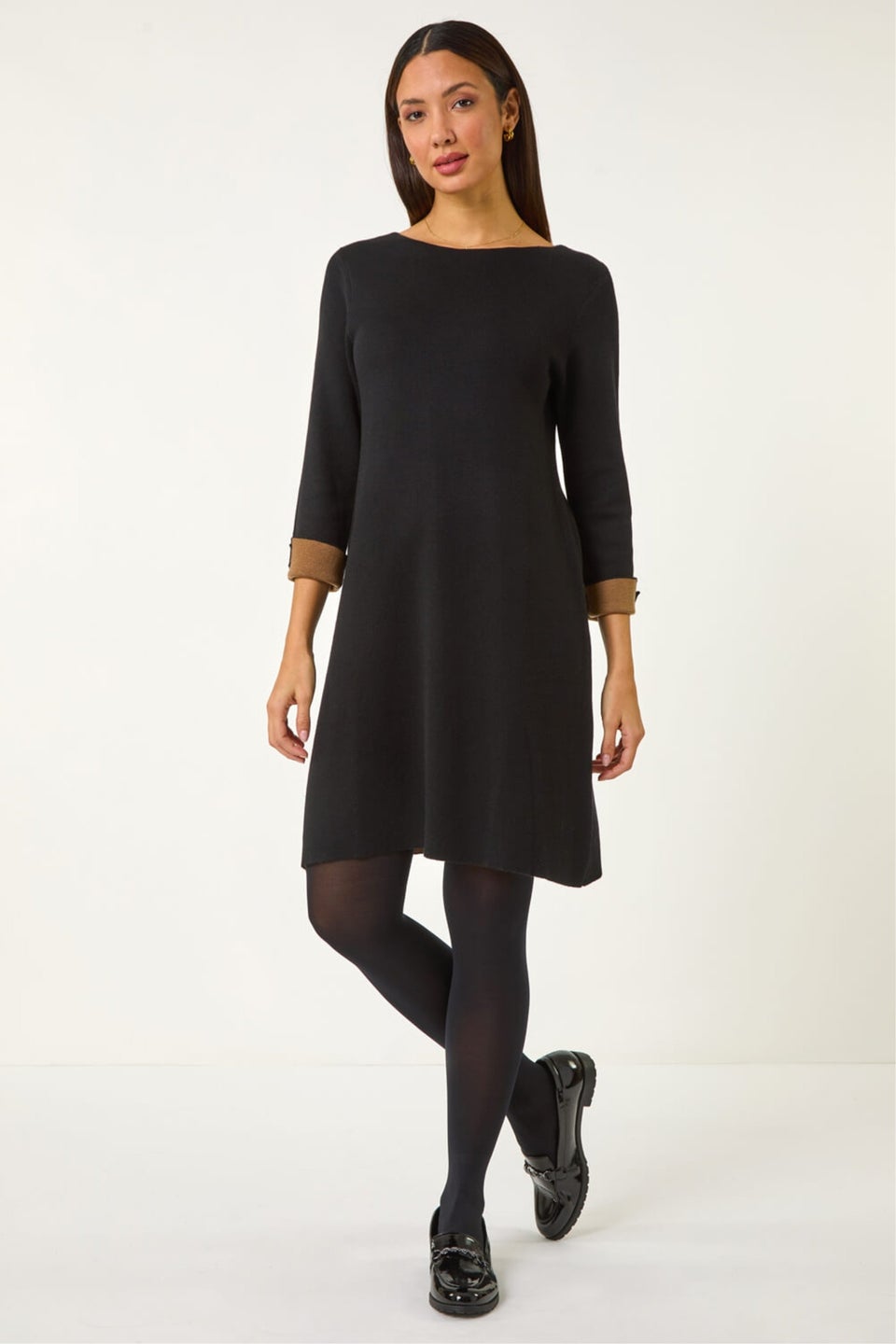 Roman Black Contrast Sleeve Knitted Shift Dress