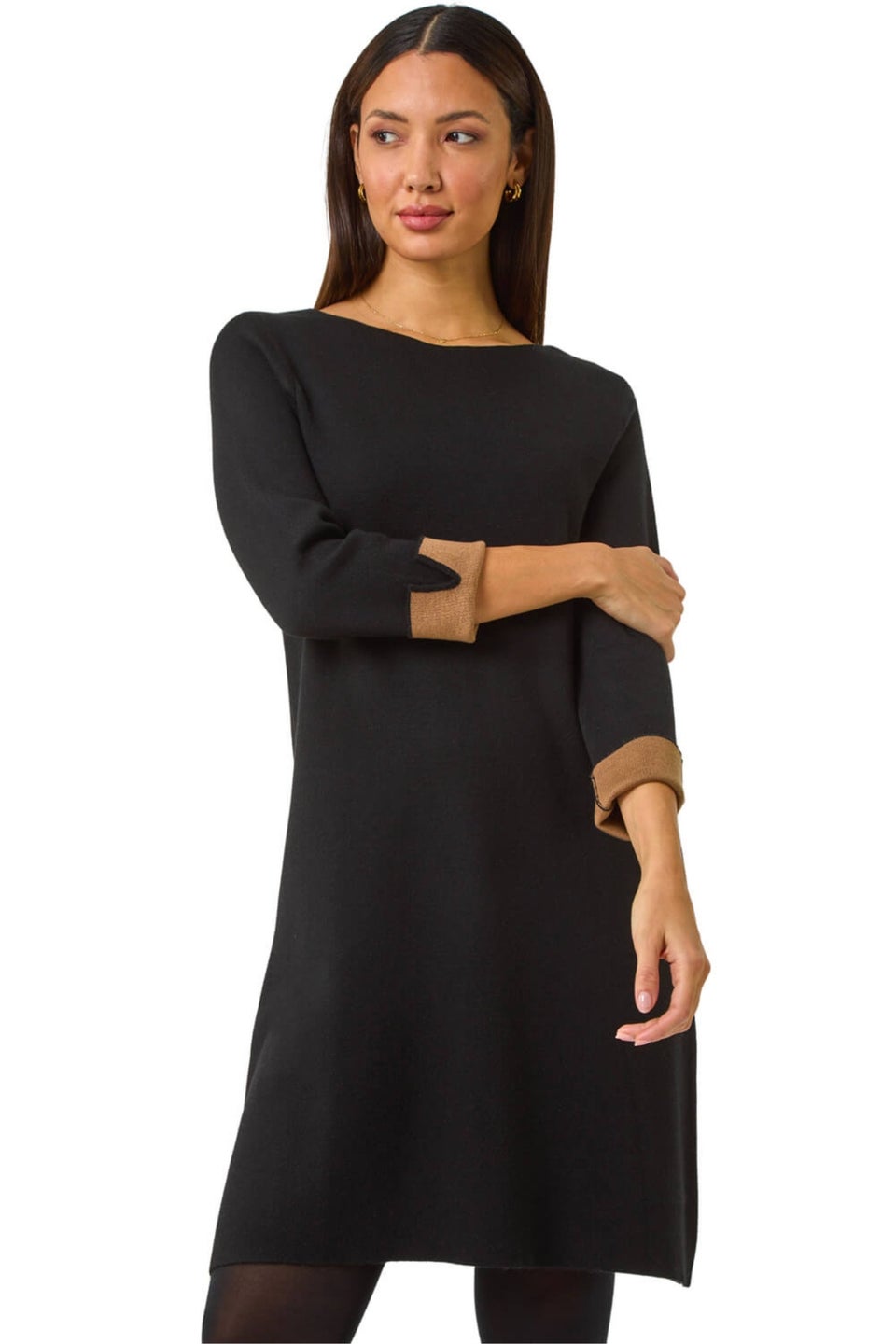 Roman Black Contrast Sleeve Knitted Shift Dress