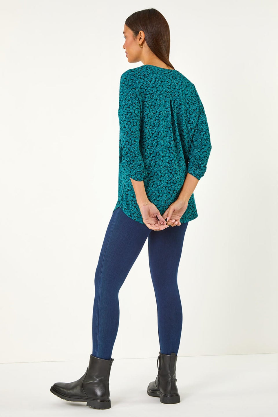 Roman Teal Leaf Print Button Detail Shirt