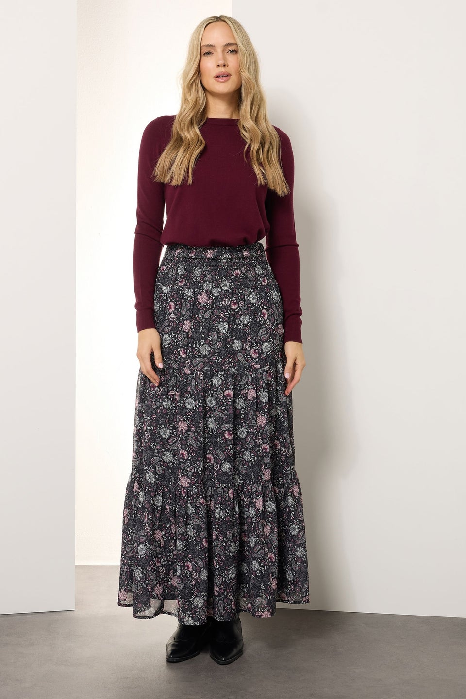 Long Tall Sally Black Chiffon Paisley Tiered Maxi Skirt