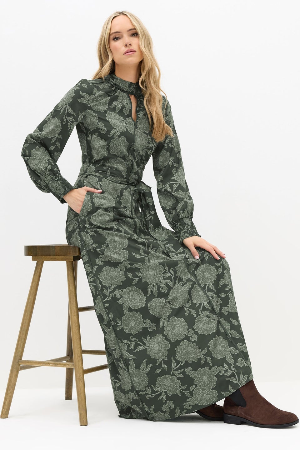 Long Tall Sally Green Floral High Neck Tie Dress