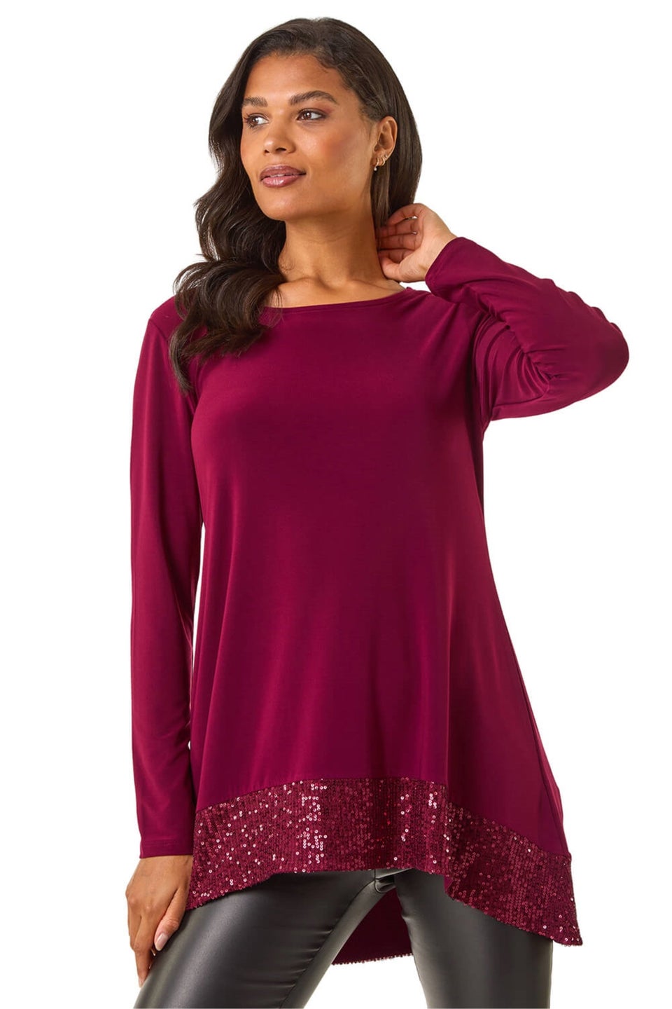 Roman Burgundy Sequin Hem Tunic Stretch Top