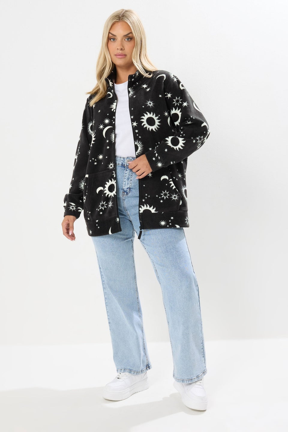 Yours Curve Black Celestial Zip Through Fleece Jacket
