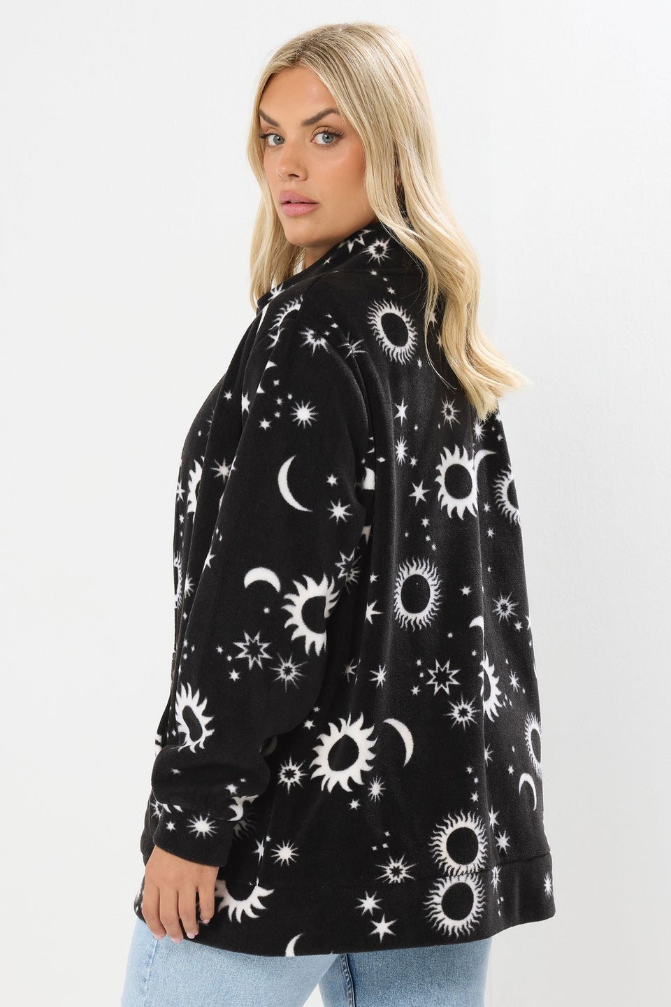 Yours Curve Black Celestial Zip Through Fleece Jacket