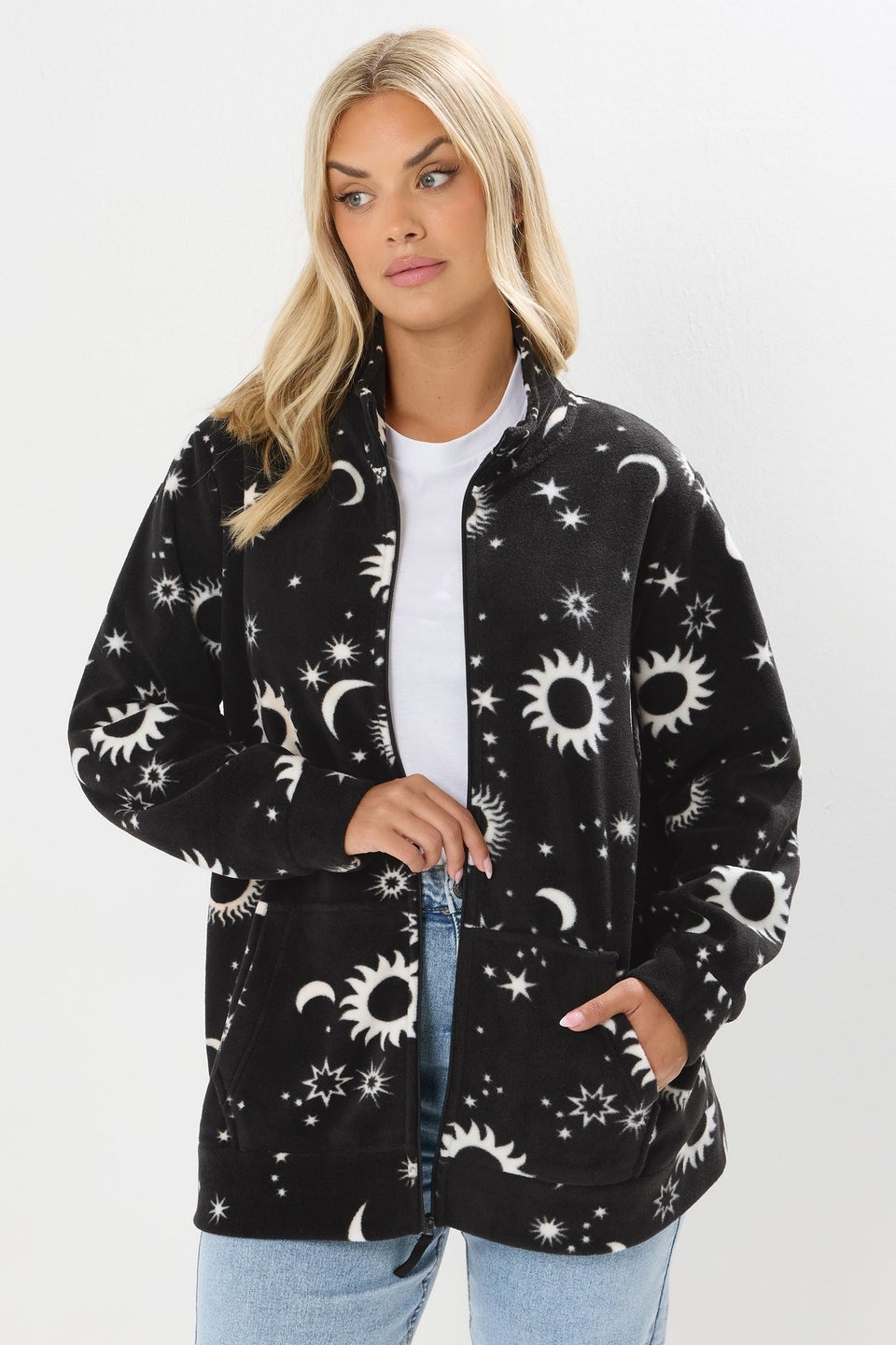 Yours Curve Black Celestial Zip Through Fleece Jacket