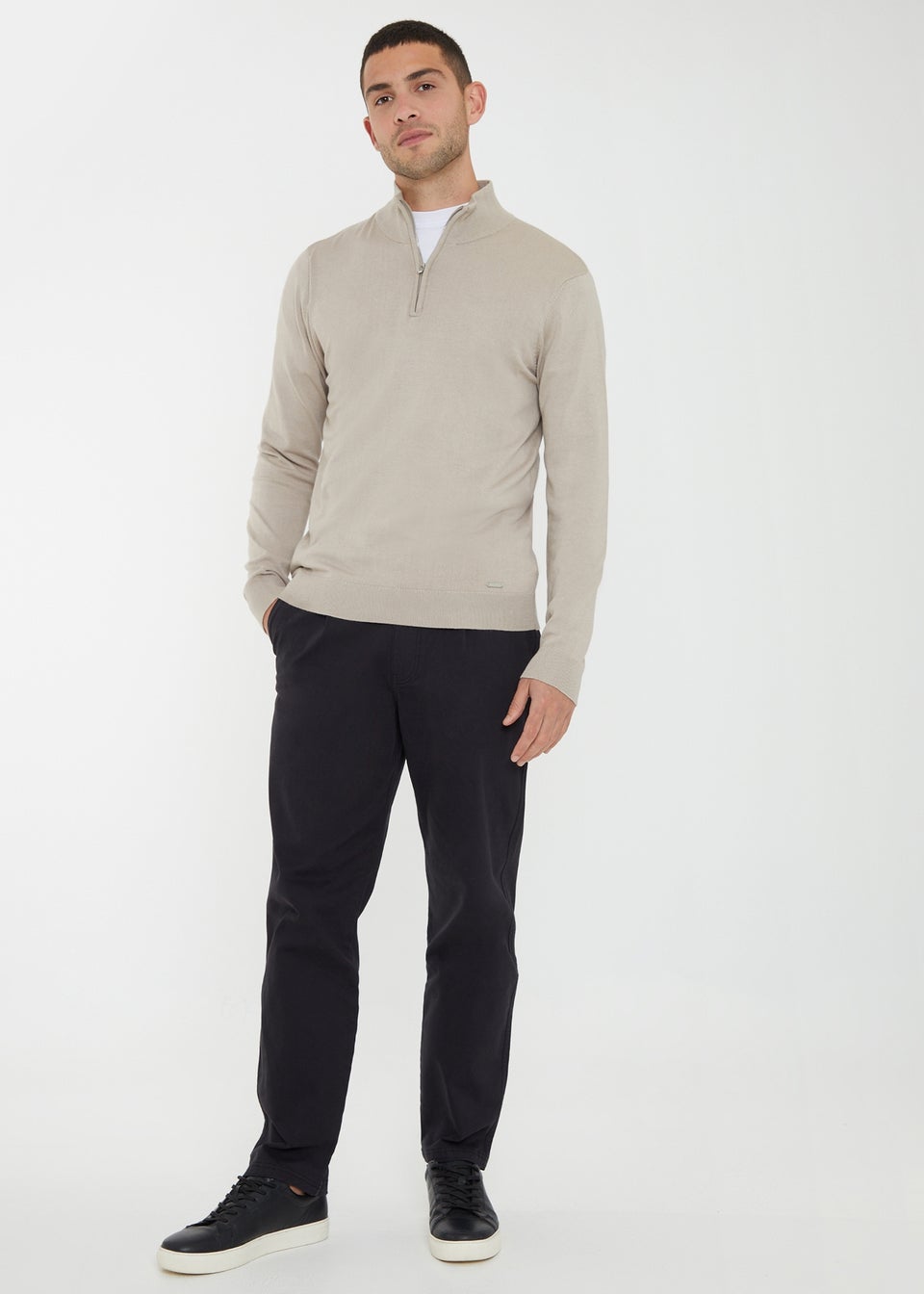 Threadbare Natural Funnel Neck Quarter Zip Knitted Jumper
