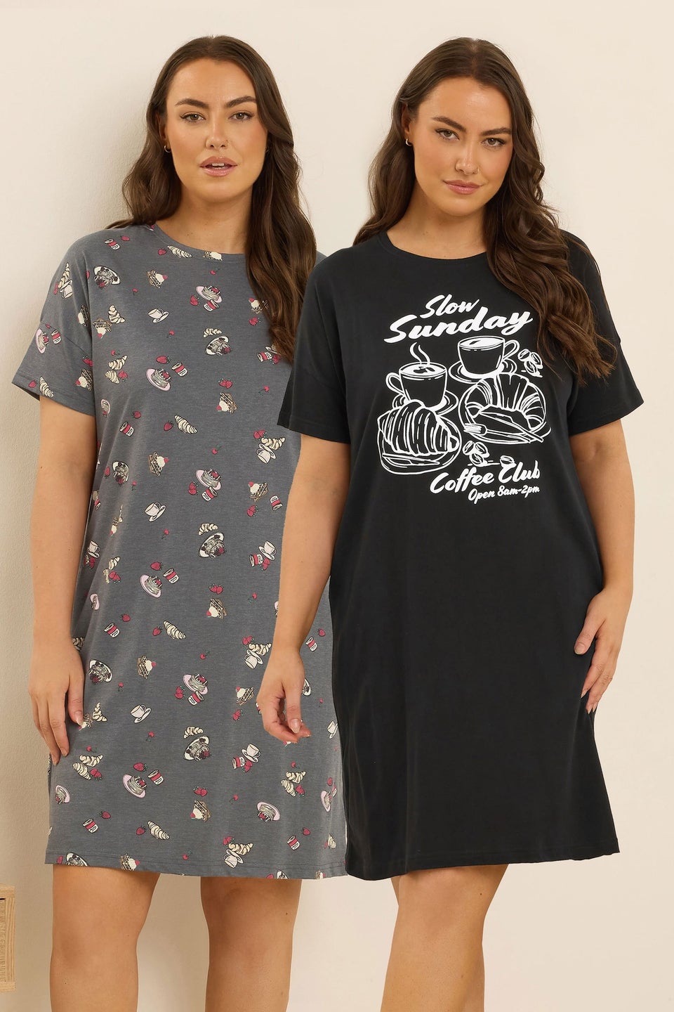 Yours 2 Pack Curve Black 'Coffee Club' Sleep Tee Nightdresses