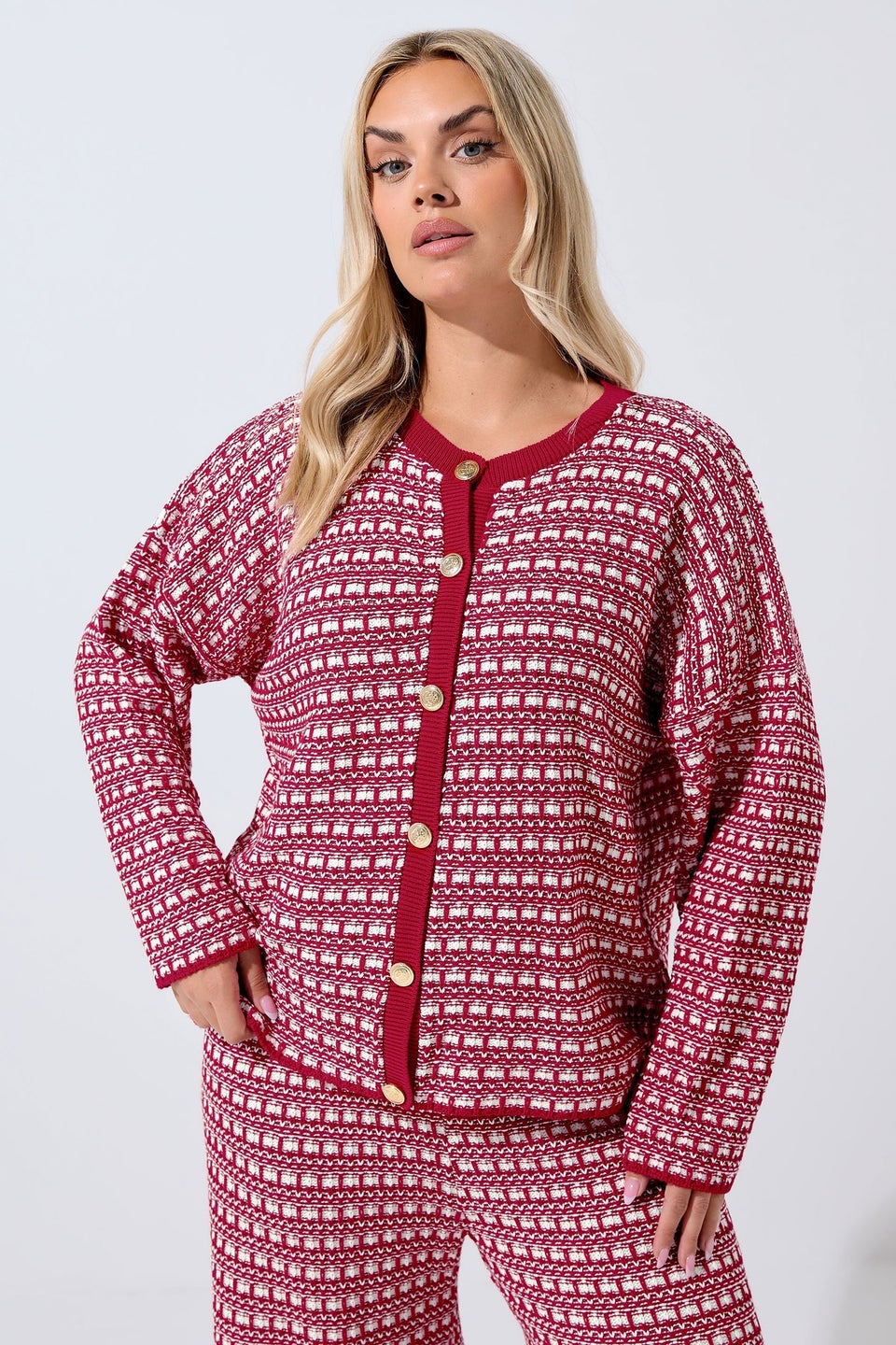 Yours Limited Curve Red Boucle Cardigan