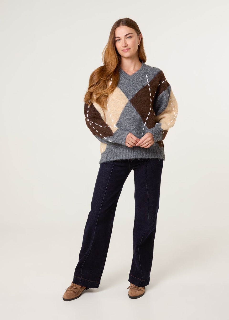 Blue Vanilla Grey Argyle Knitted Patterned Jumper