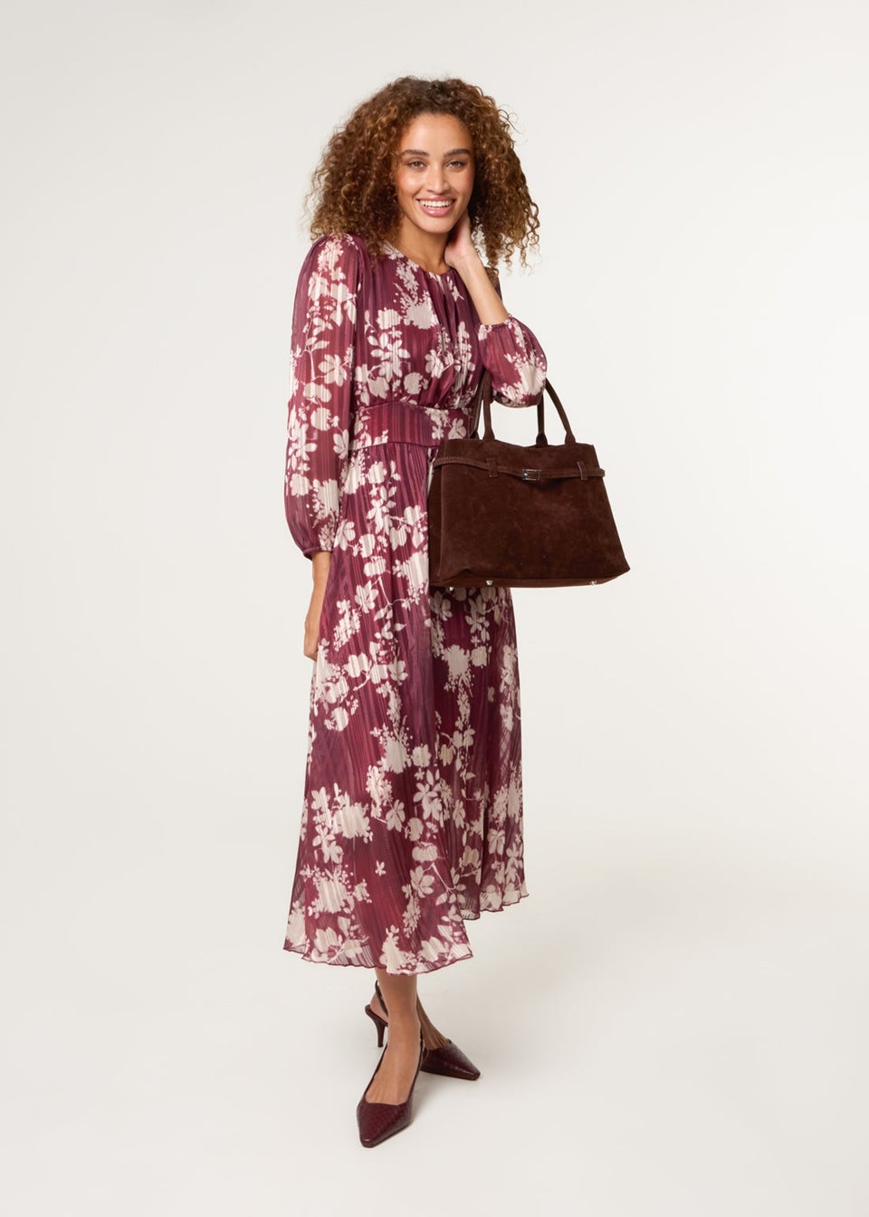 Blue Vanilla Burgundy Scoop Neck Floral Metallic Dress With Elasticated Waist