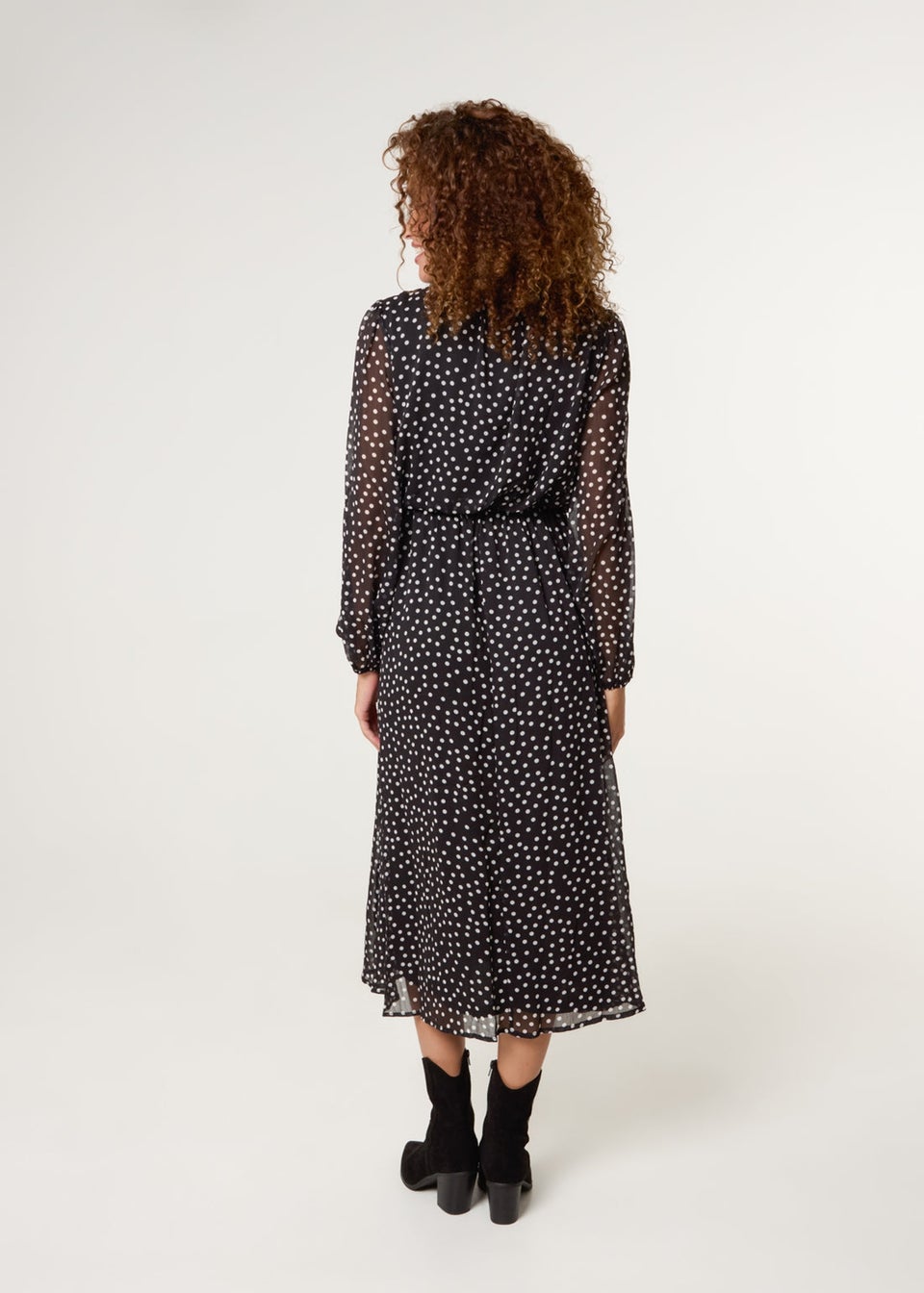 Blue Vanilla Black Polka Dot Tie Neck Midi Dress