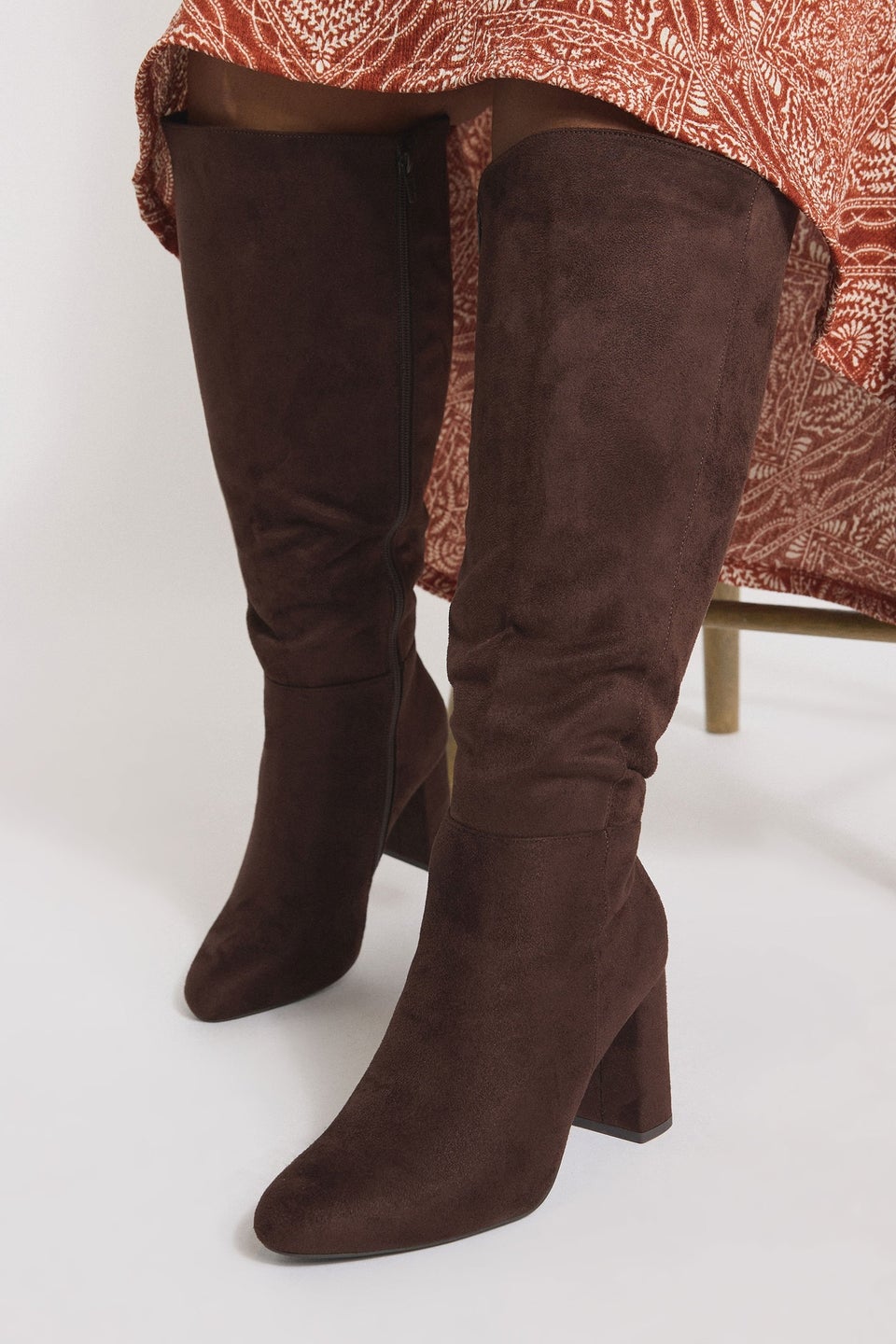 Yours Chocolate Brown Faux Suede Heeled Knee High Boot In Extra Wide EEE Fit