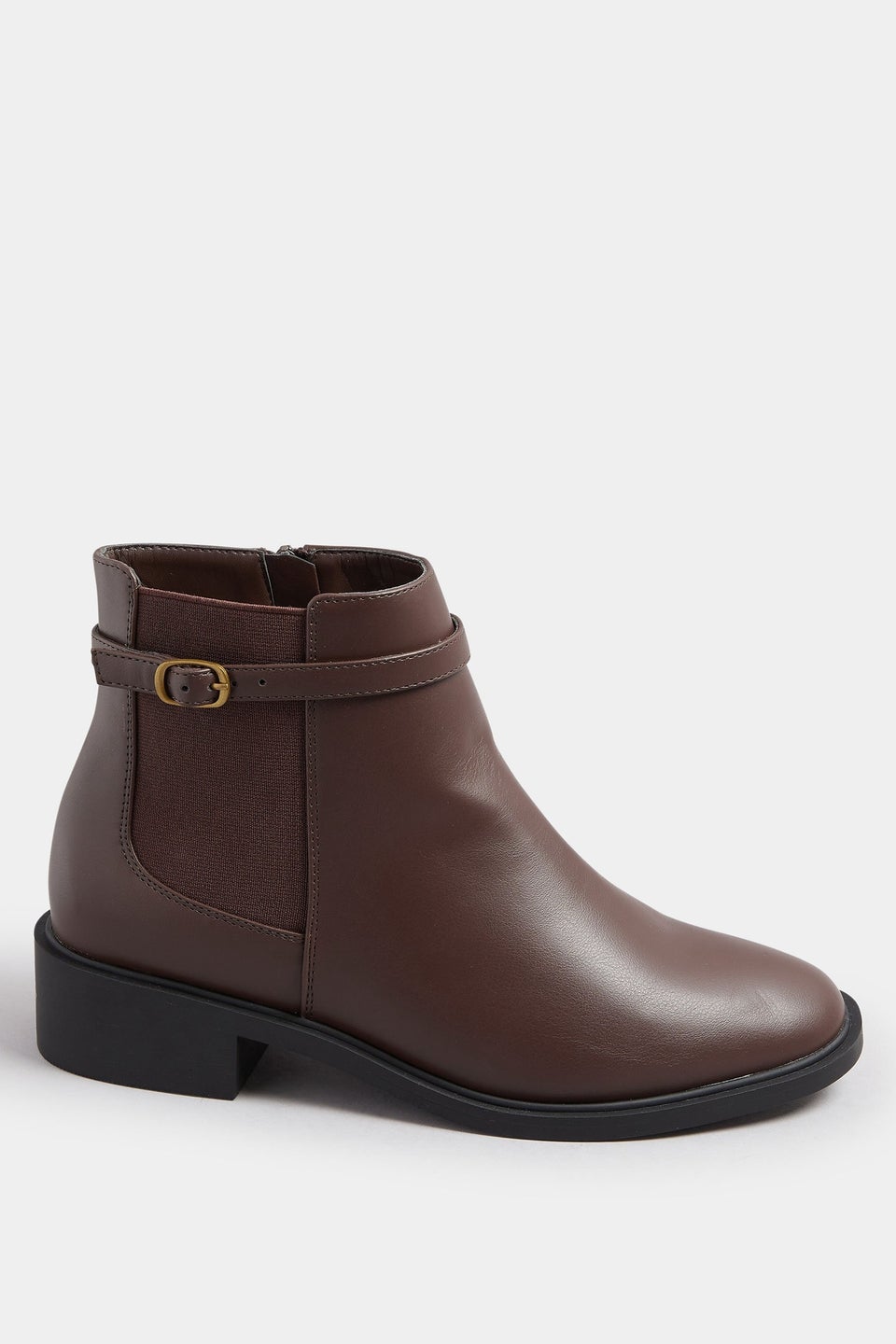 Yours Chocolate Brown Faux Leather Buckle Stretch Ankle Boots In Extra Wide EEE Fit