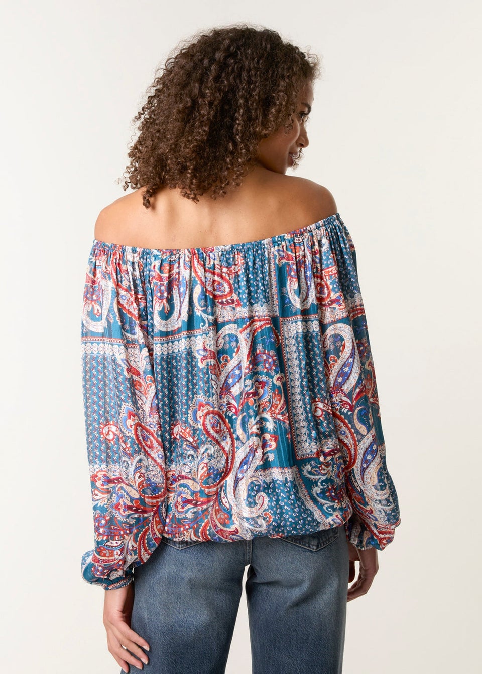 Blue Vanilla Turquoise Paisley Printed Bardot Puff Ball Blouse