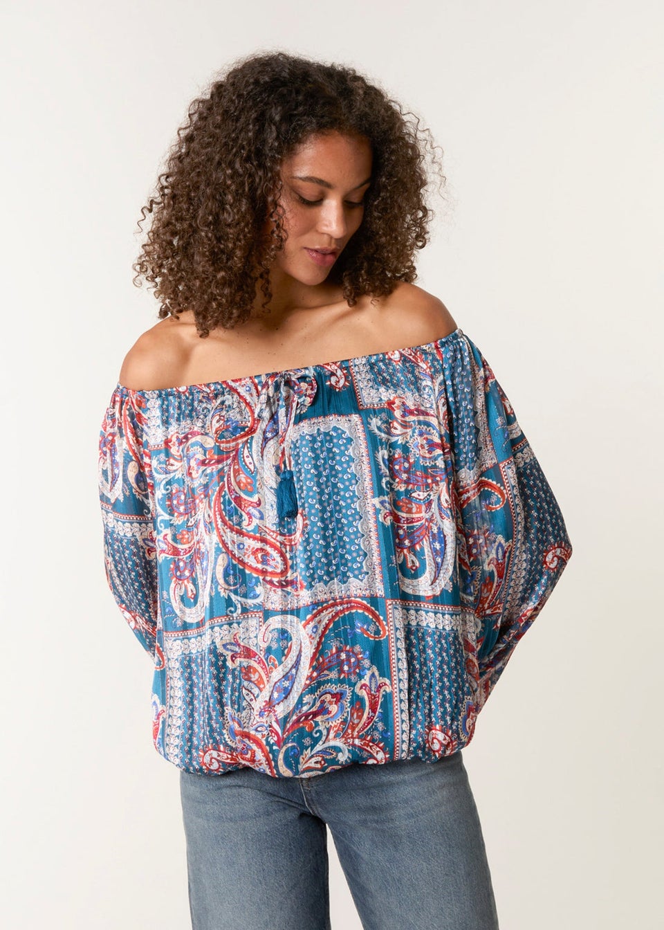 Blue Vanilla Turquoise Paisley Printed Bardot Puff Ball Blouse