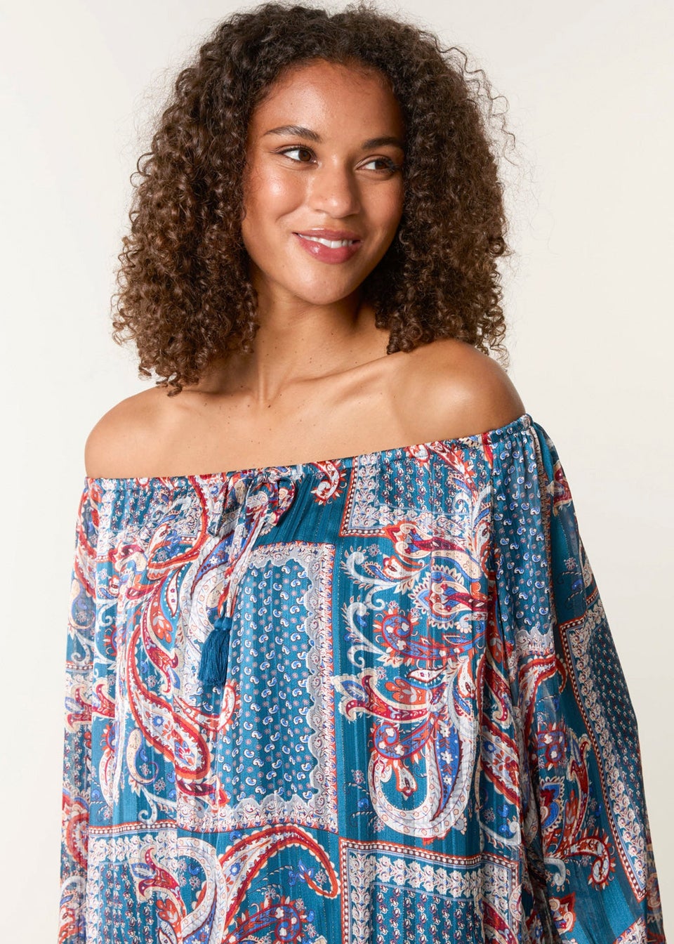 Blue Vanilla Turquoise Paisley Printed Bardot Puff Ball Blouse