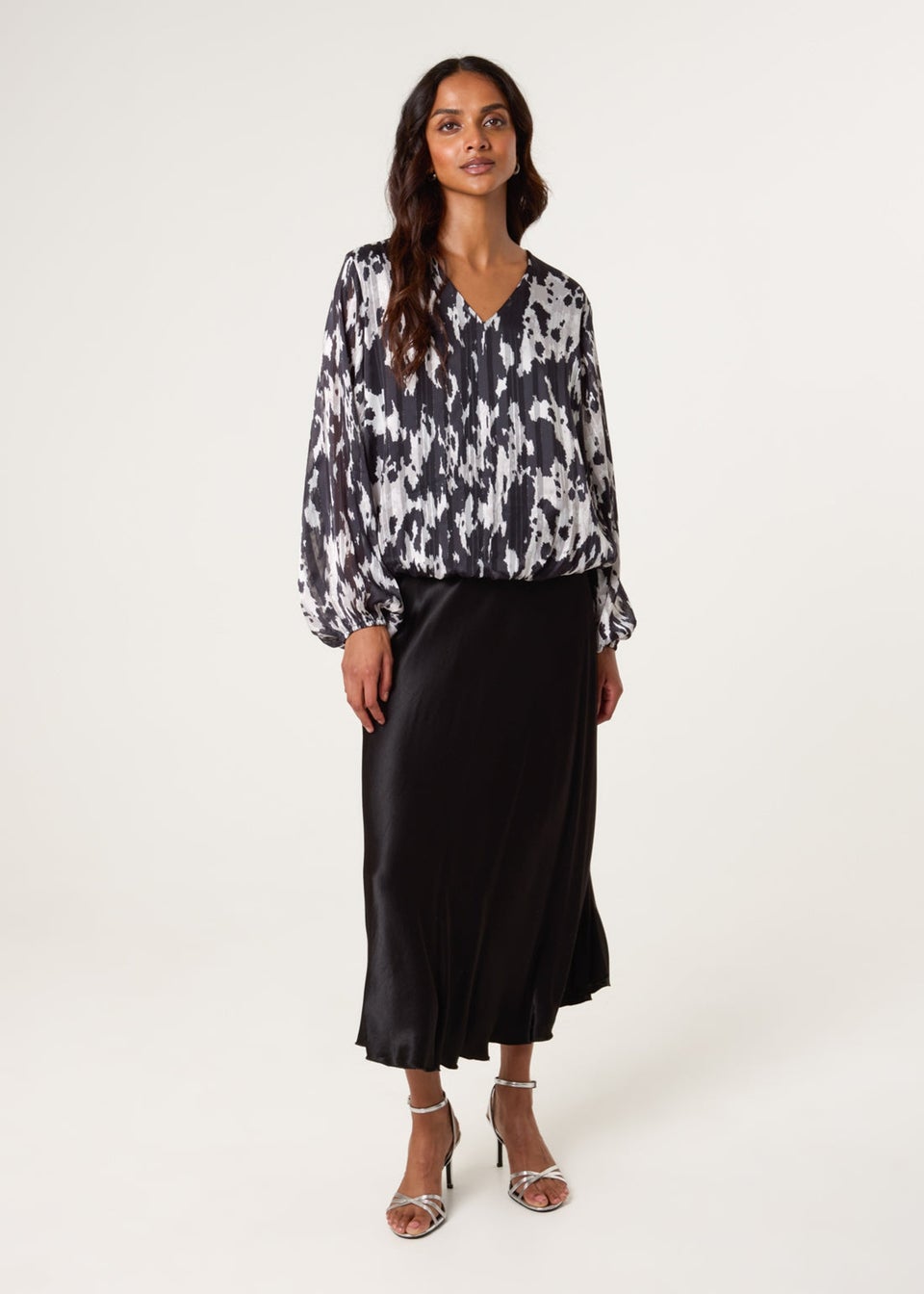 Blue Vanilla Black Metallic V Neck Bubble Hem Blouse