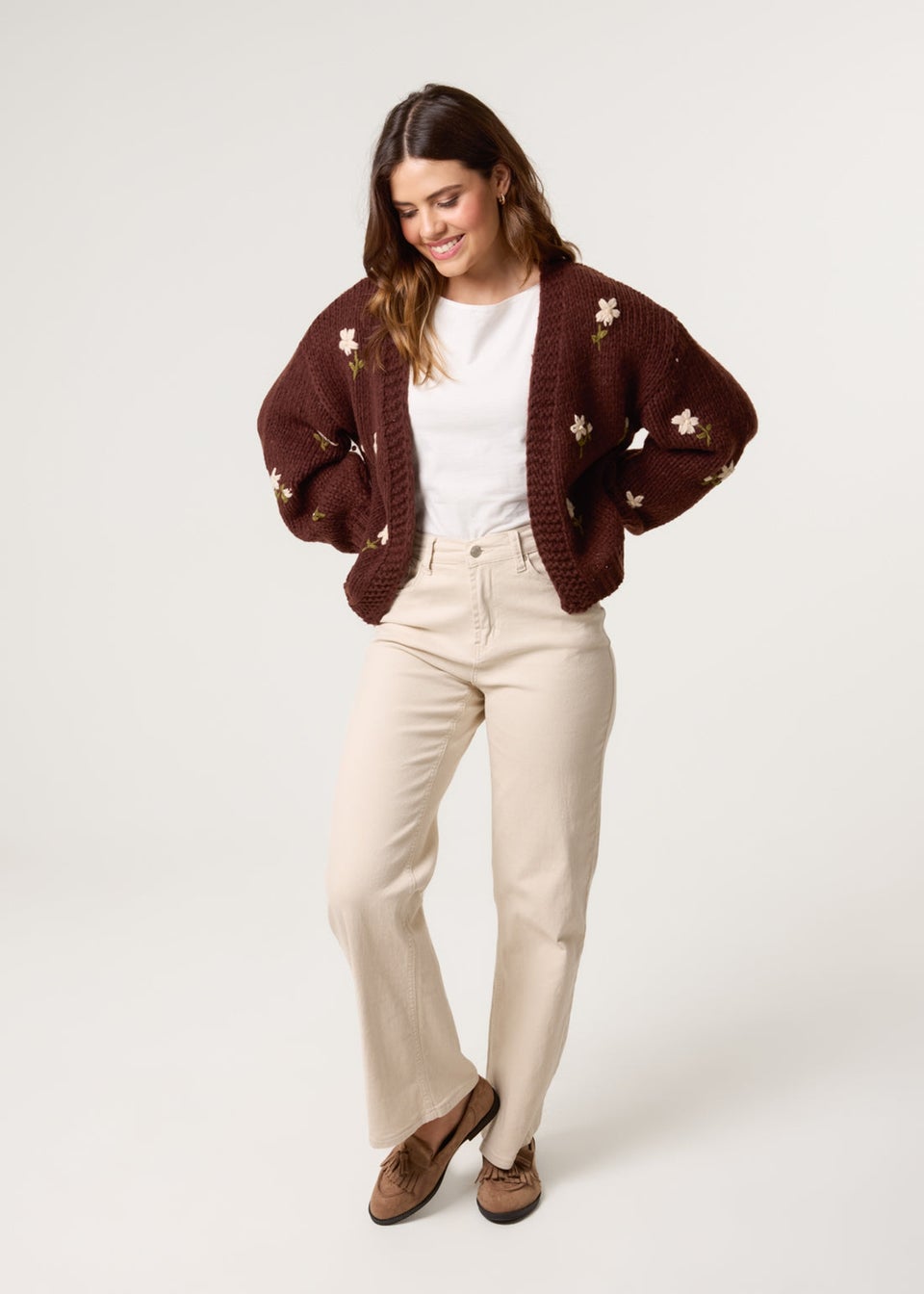 Blue Vanilla Brown Flower Embroidery Detailed Cardigan