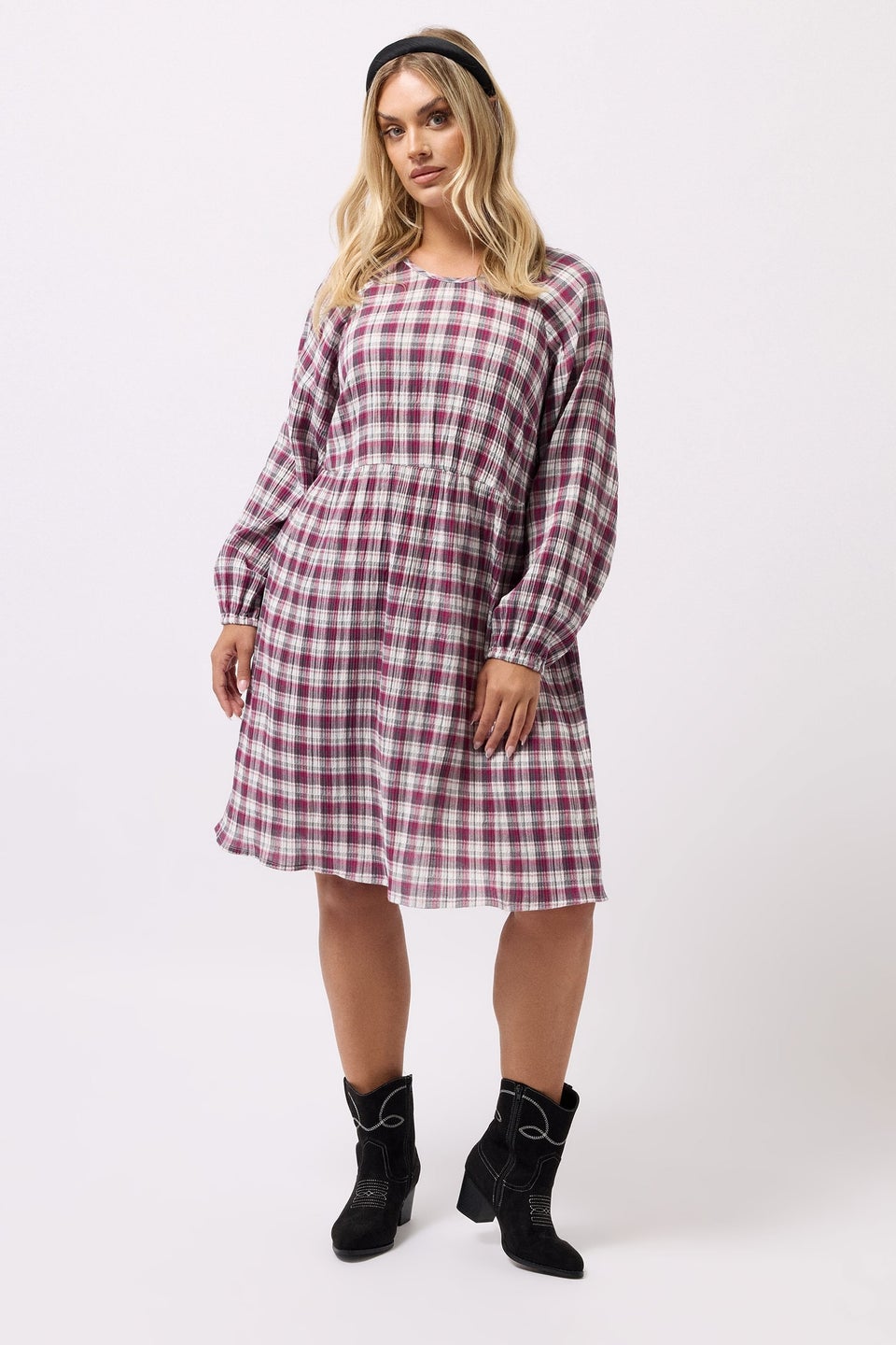 Yours Curve Pink Check Textured Smock Dress