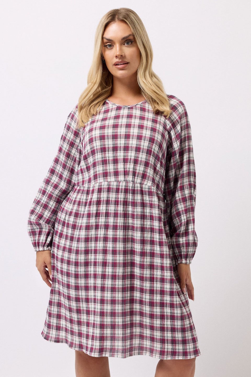 Yours Curve Pink Check Textured Smock Dress