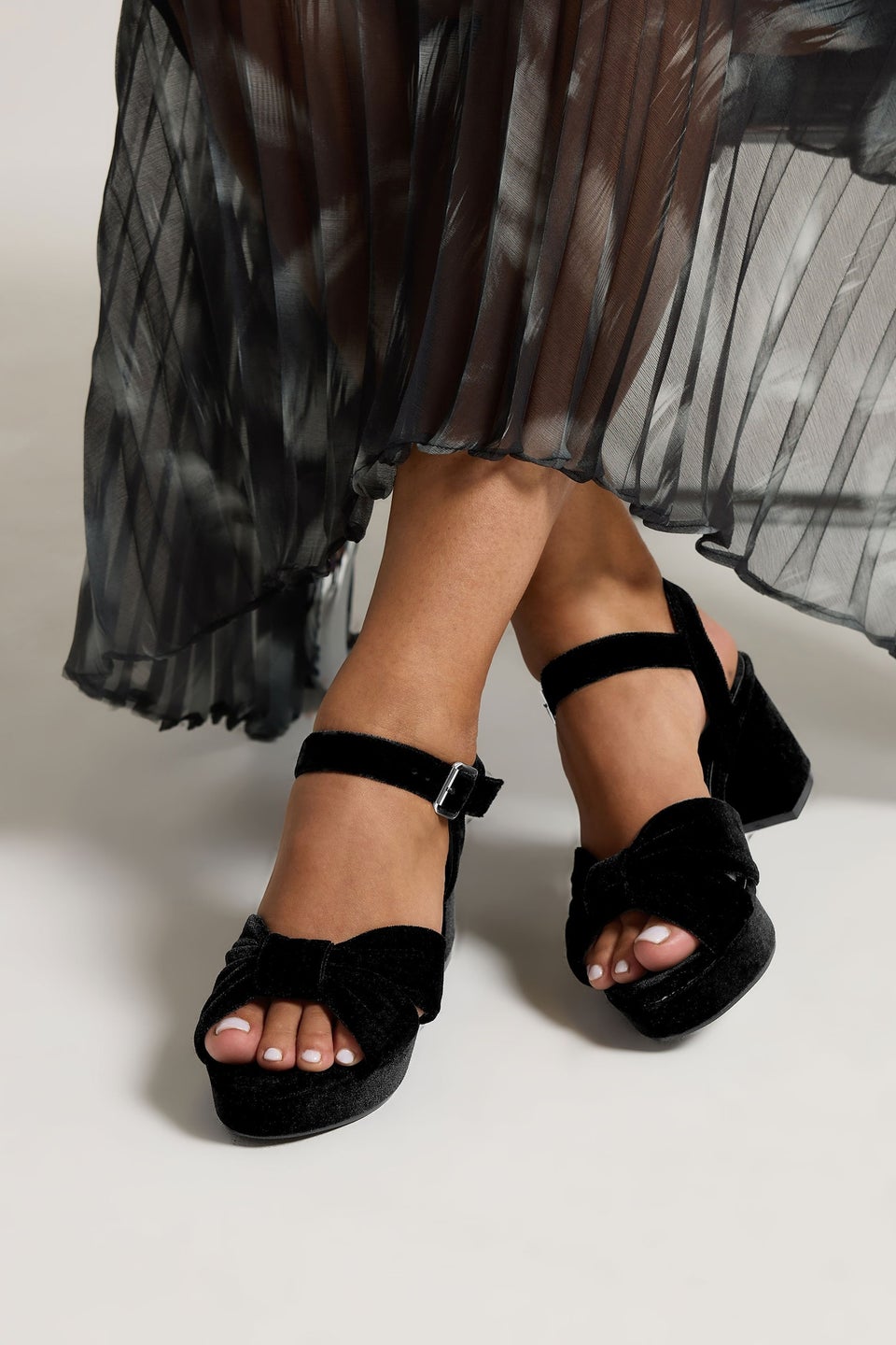 Yours Black Velvet Bow Strap Platform Heels In Extra Wide Fit