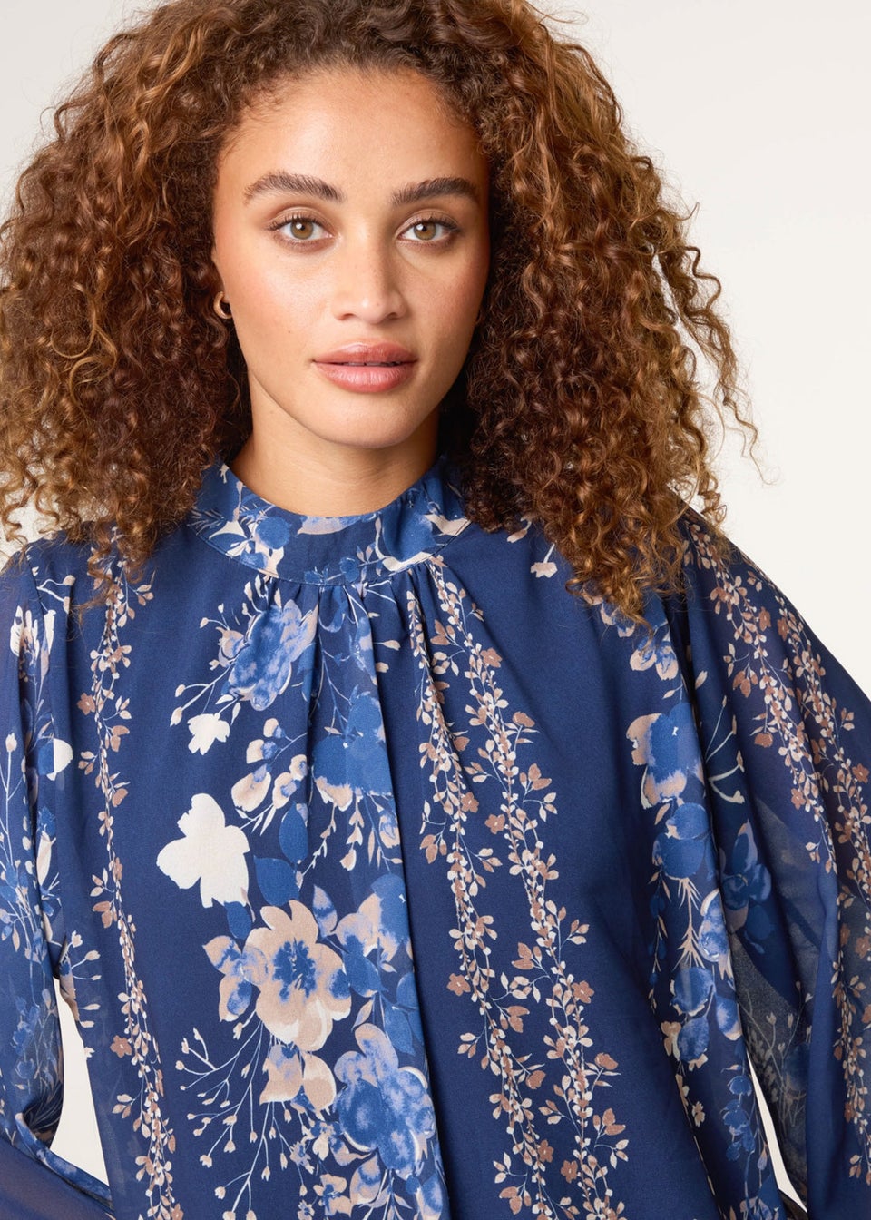 Blue Vanilla Navy High Neck Puffball Floral Blouse