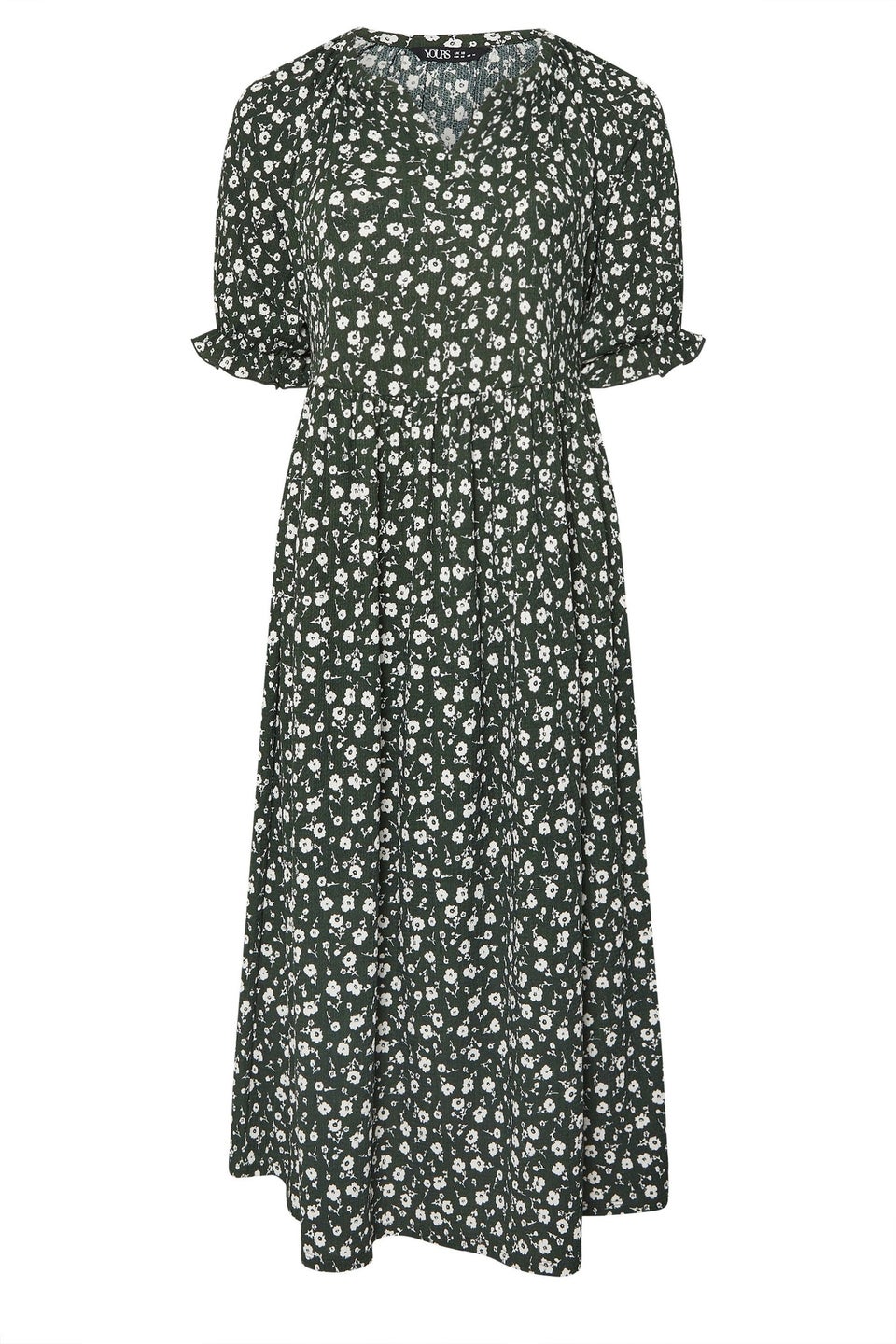 Yours Curve Khaki Green Ditsy Floral Notch Neck Dress