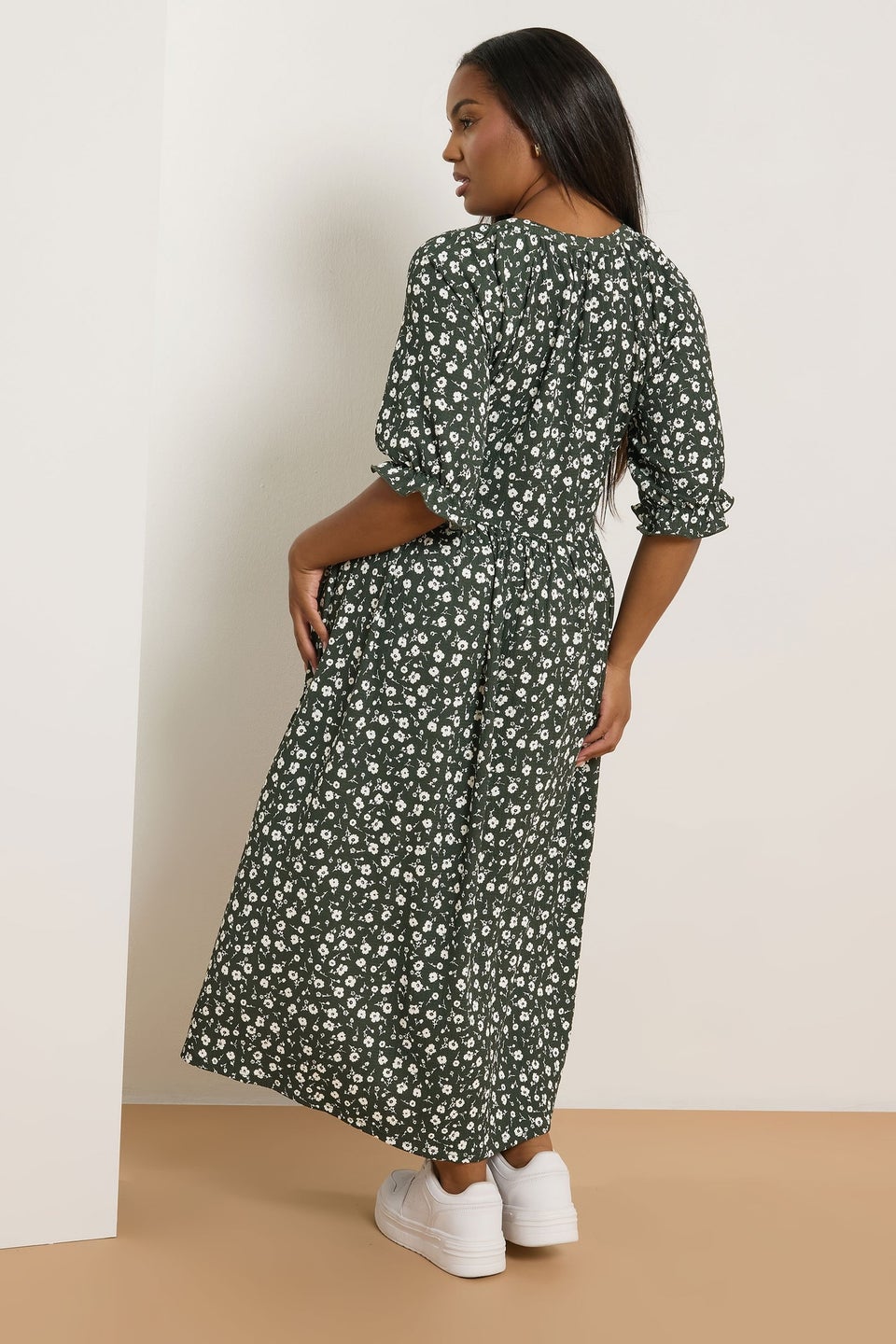 Yours Curve Khaki Green Ditsy Floral Notch Neck Dress