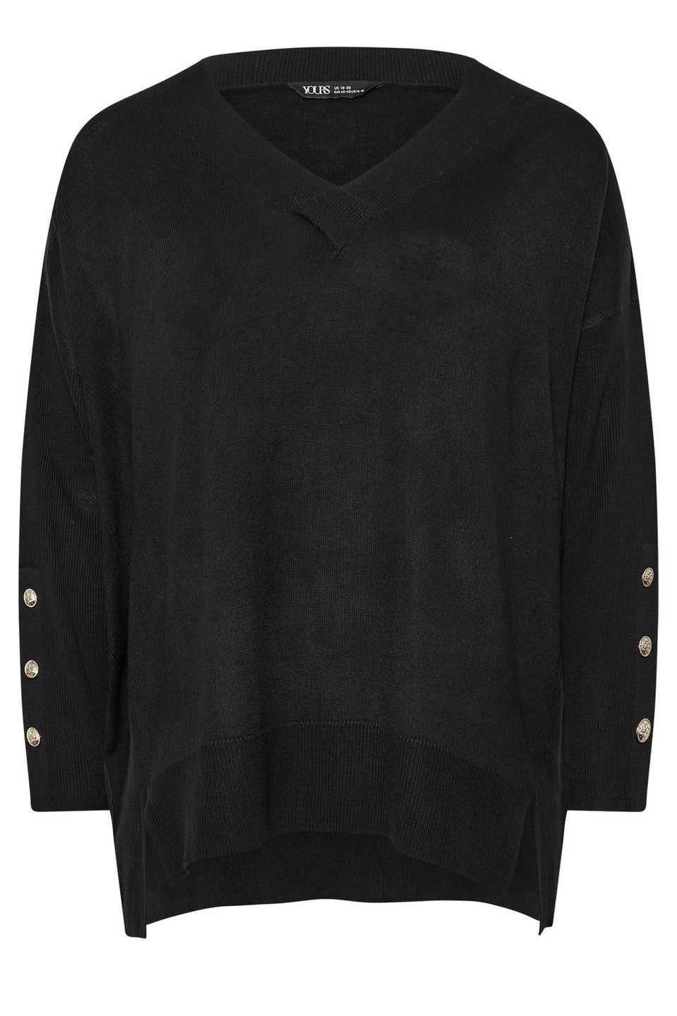 Yours Curve Black Button Sleeve V-Neck Jumper