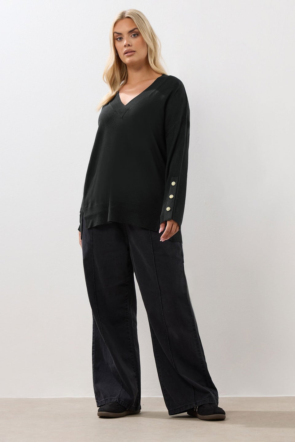 Yours Curve Black Button Sleeve V-Neck Jumper