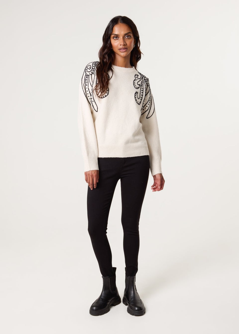Blue Vanilla Ivory Embroidery Shoulder Detailing Jumper
