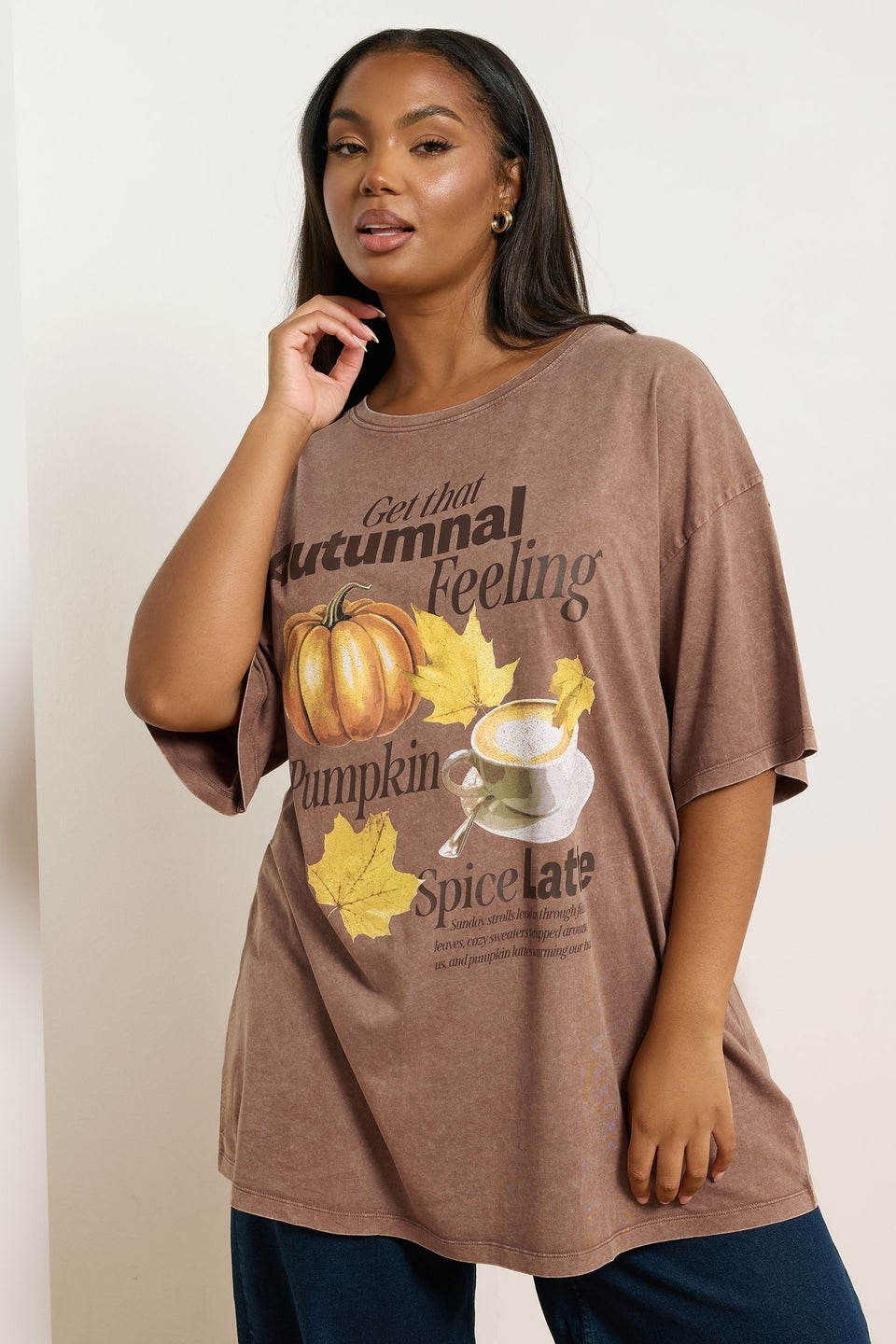 Yours Curve Brown Autumnal Print Relaxed T-Shirt