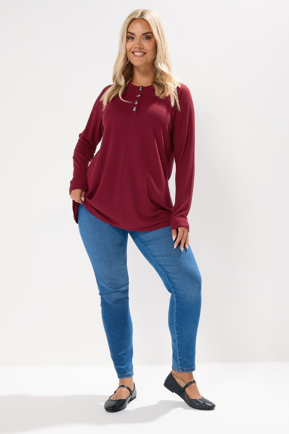 Yours Curve Burgundy Red Henley Swing Top